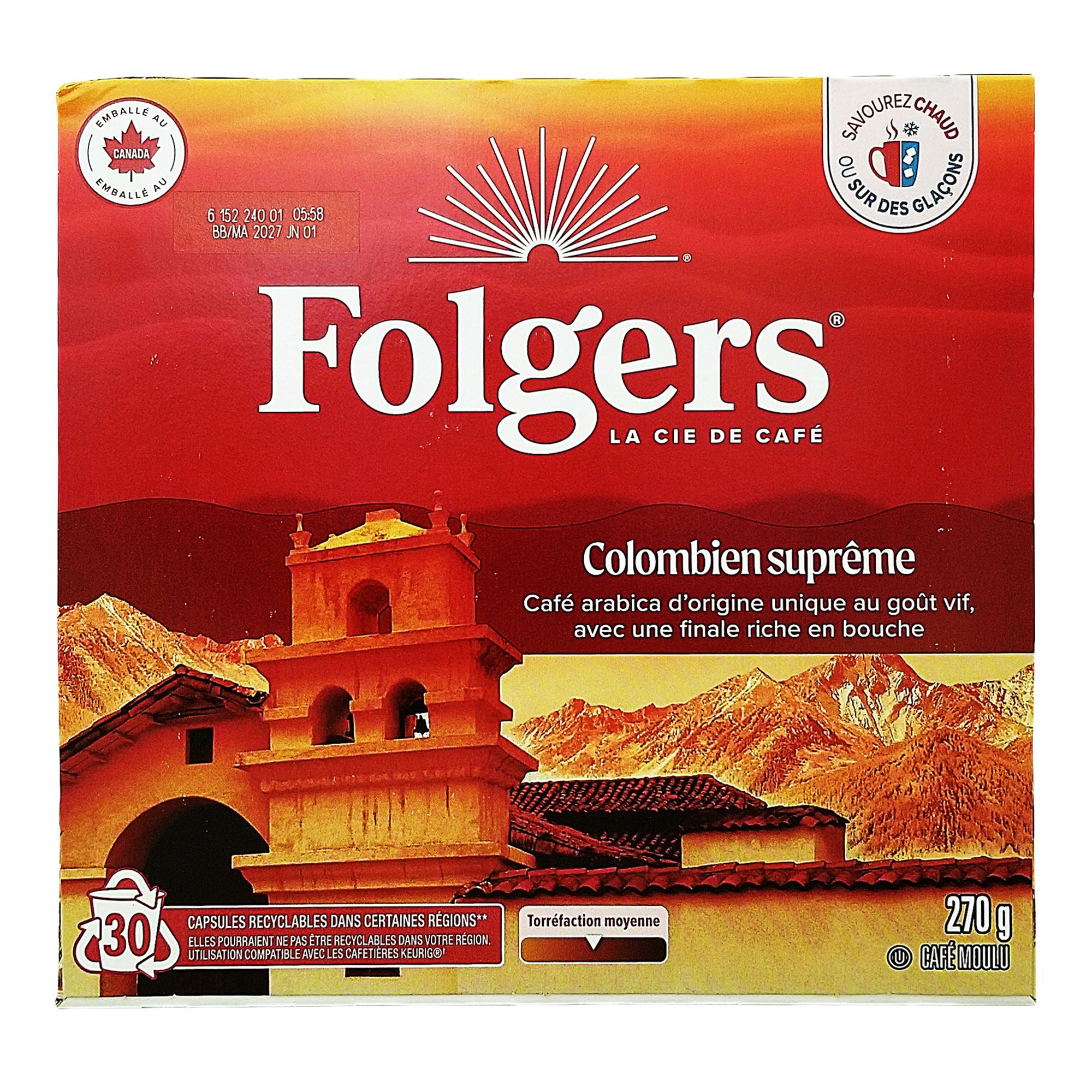 French-language panel of the Folgers Lively Colombian 30-pod coffee box, 270 g.