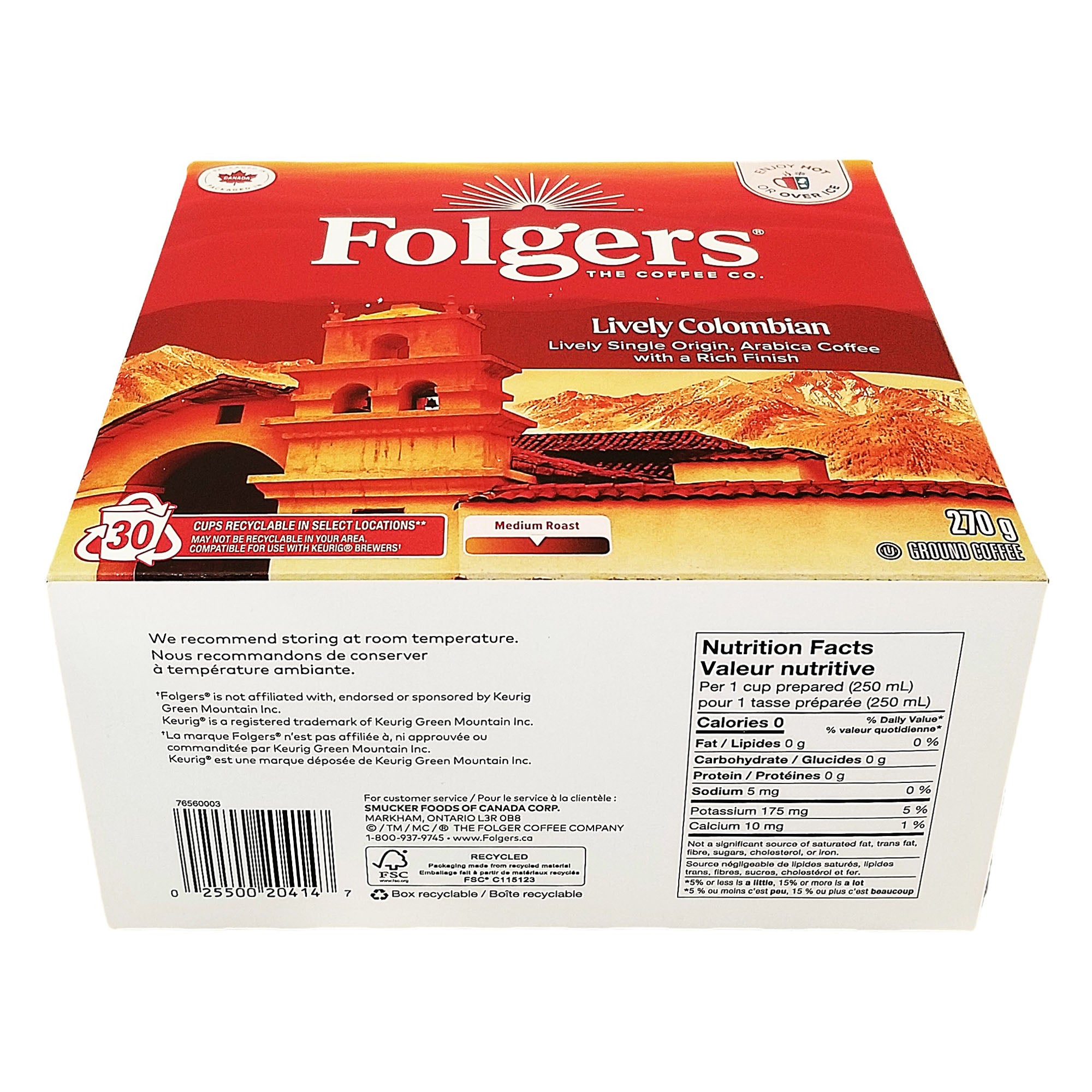 Bottom of the Folgers Lively Colombian box showing nutrition facts, storage guidance, and UPC 025500204147.