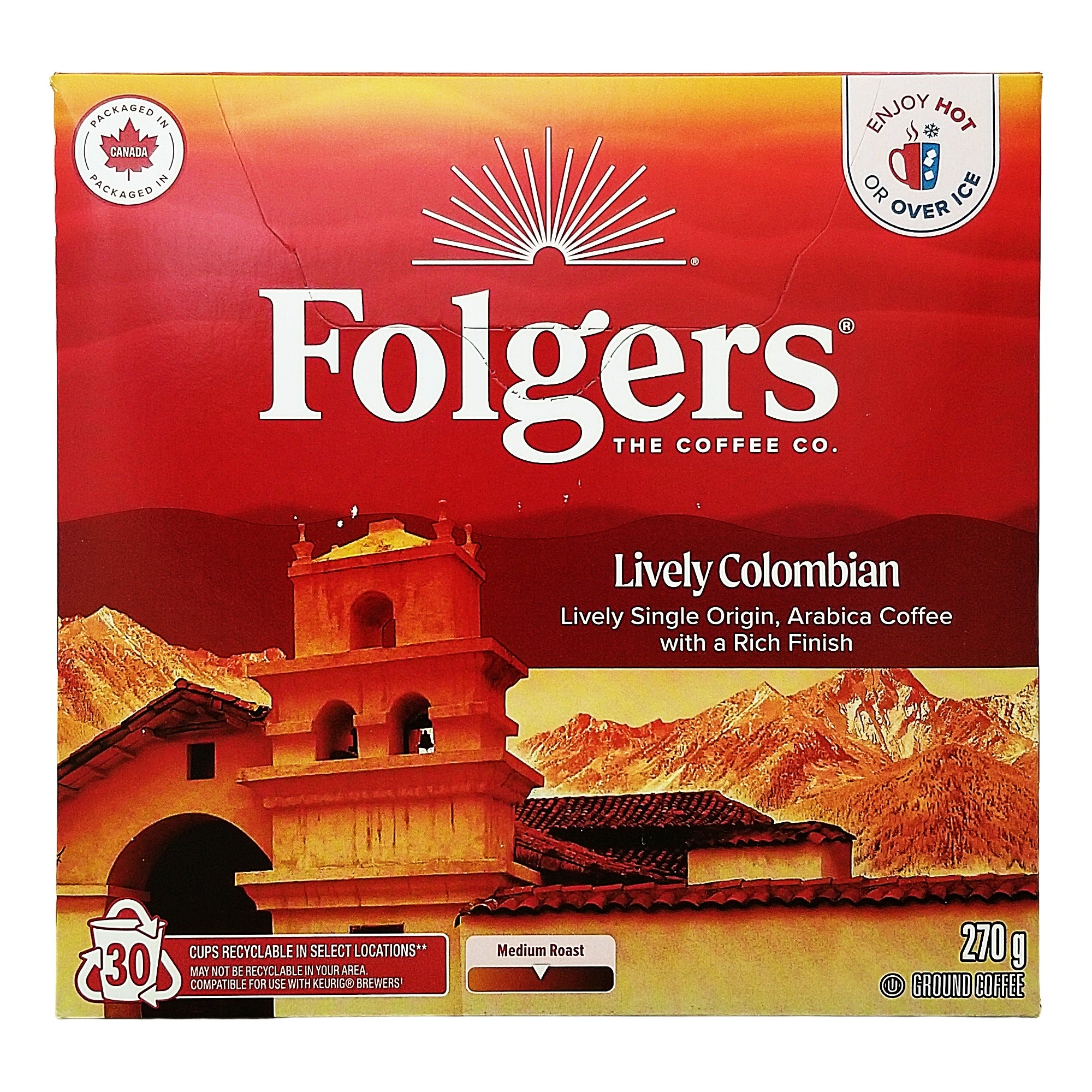 Folgers Lively Colombian medium roast coffee box, 30 K-Cup pods, 270 g, with mountain artwork.