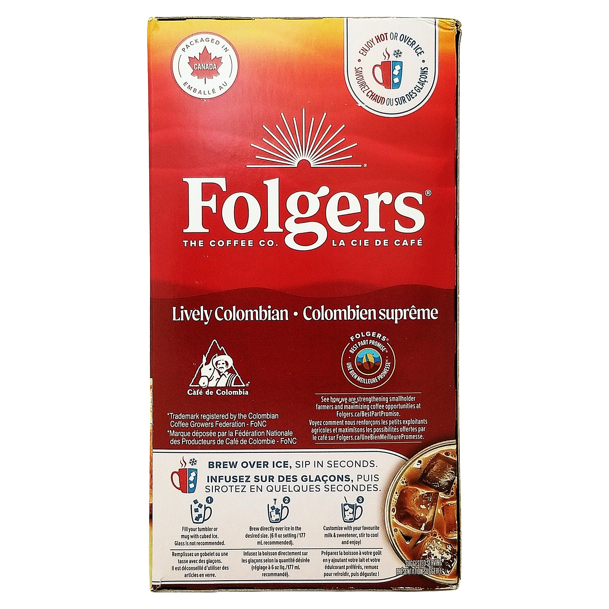 Folgers Lively Colombian side panel with Colombian coffee emblem and illustrated iced-coffee instructions.
