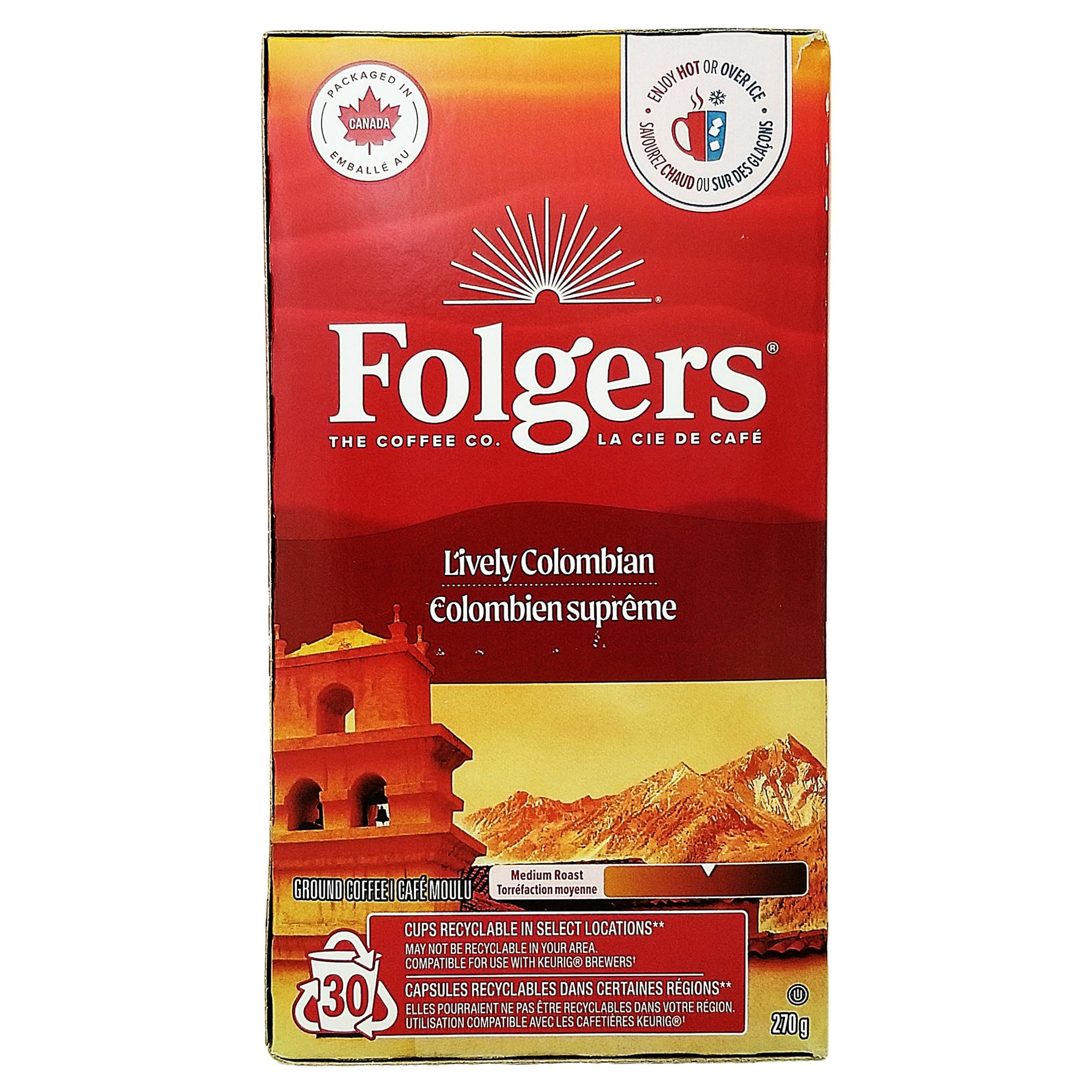 Folgers Lively Colombian side panel showing medium roast, 30 pods, and 270 g.