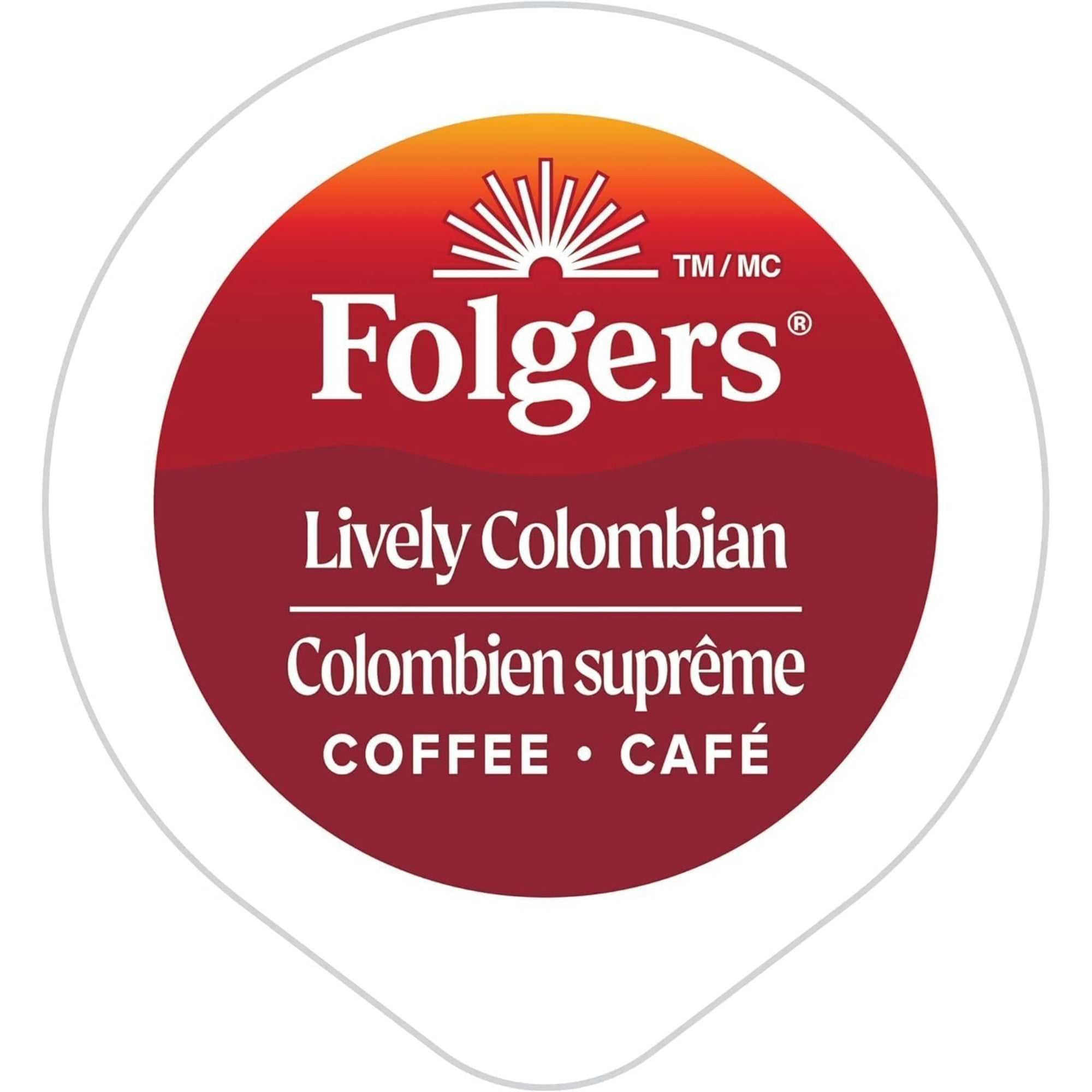 Top of a Folgers Lively Colombian K-Cup pod with a red bilingual coffee label.