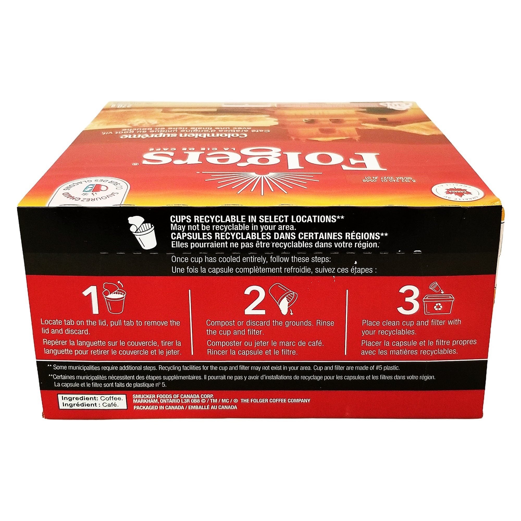 Angled view of the Folgers Lively Colombian box showing pod recycling instructions.