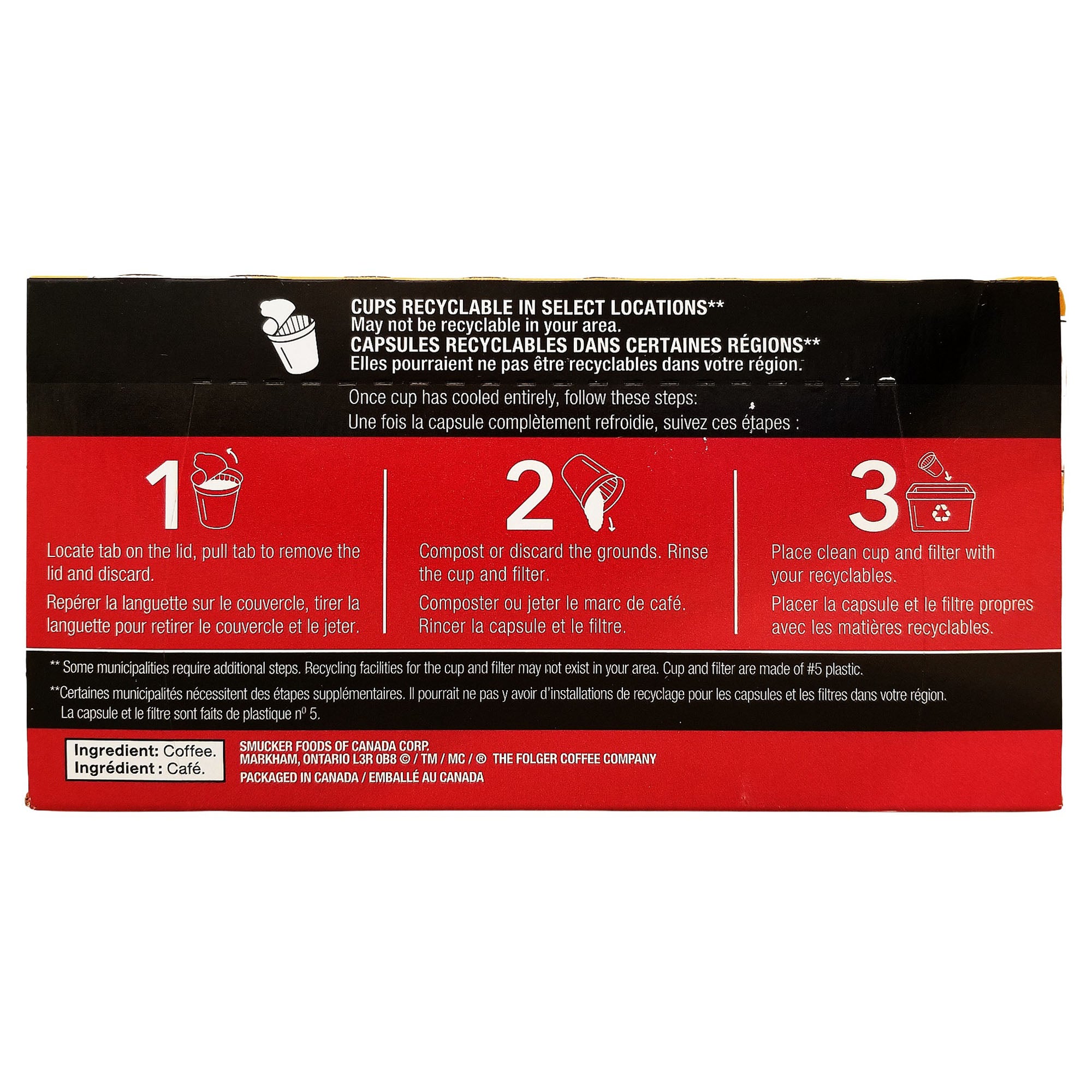 Folgers Lively Colombian packaging panel with three-step pod recycling instructions and local availability warning.