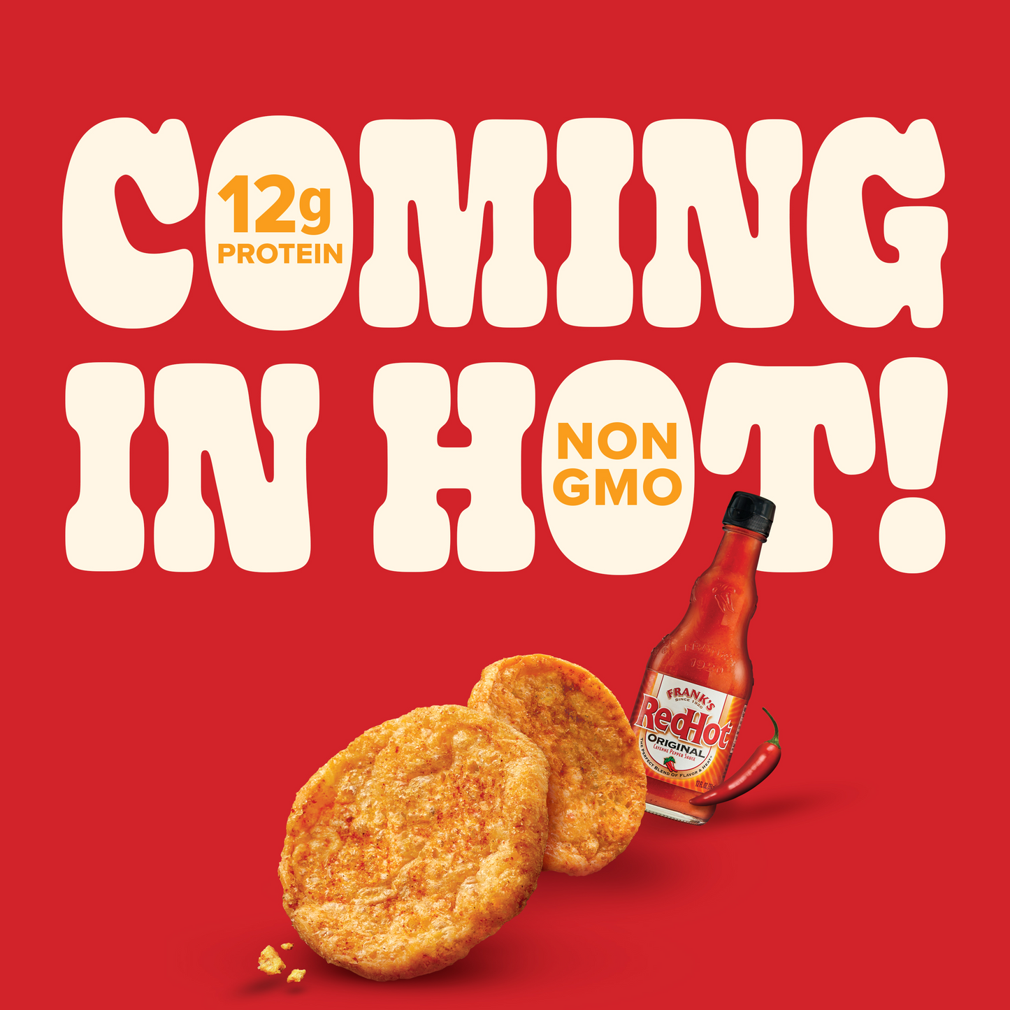 Promotional graphic for Pure Protein Franks RedHot Flavored Popped Crisps with 12g of protein, non-GMO label, and a bottle of Frank's RedHot sauce on a red background.