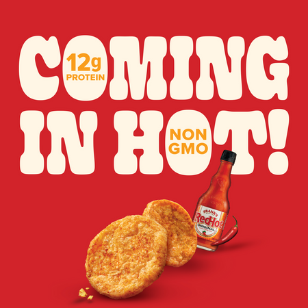 Promotional graphic for Pure Protein Franks RedHot Flavored Popped Crisps with 12g of protein, non-GMO label, and a bottle of Frank's RedHot sauce on a red background.