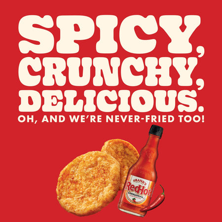 Advertisement for spicy, crunchy, delicious Pure Protein Popped Crisps with Frank's RedHot sauce on a red background.