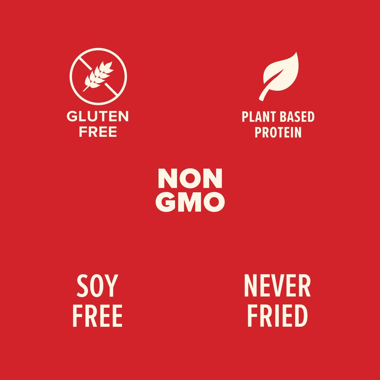 Red background with white text and icons indicating gluten-free, plant-based protein, non-GMO, soy-free, and never-fried statuses.