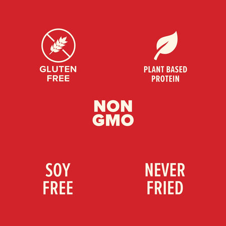 Red background with white text and icons indicating gluten-free, plant-based protein, non-GMO, soy-free, and never-fried statuses.