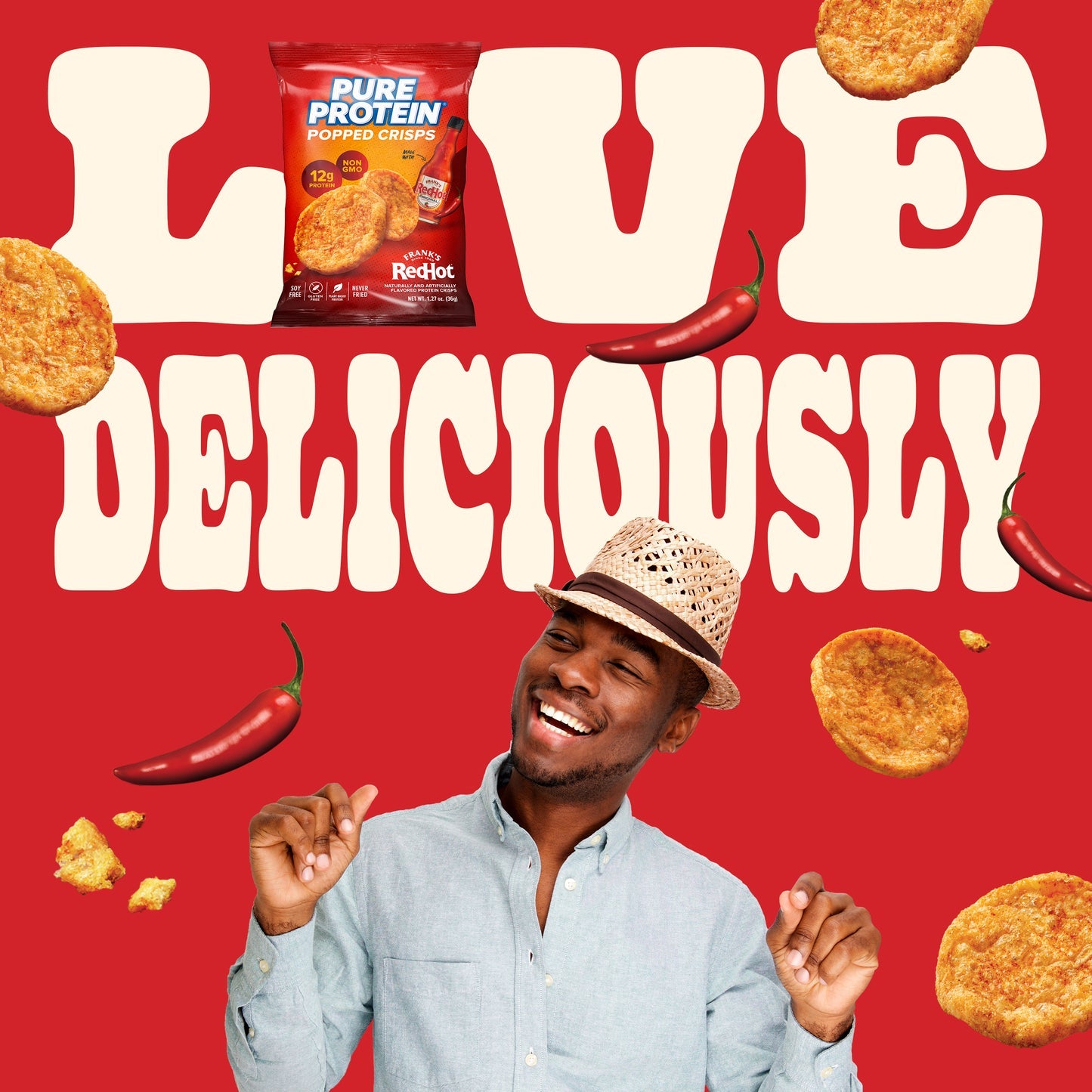 Person wearing a hat with Pure Protein Franks RedHot Flavored Popped Crisps and text 'Live Deliciously' on a red background