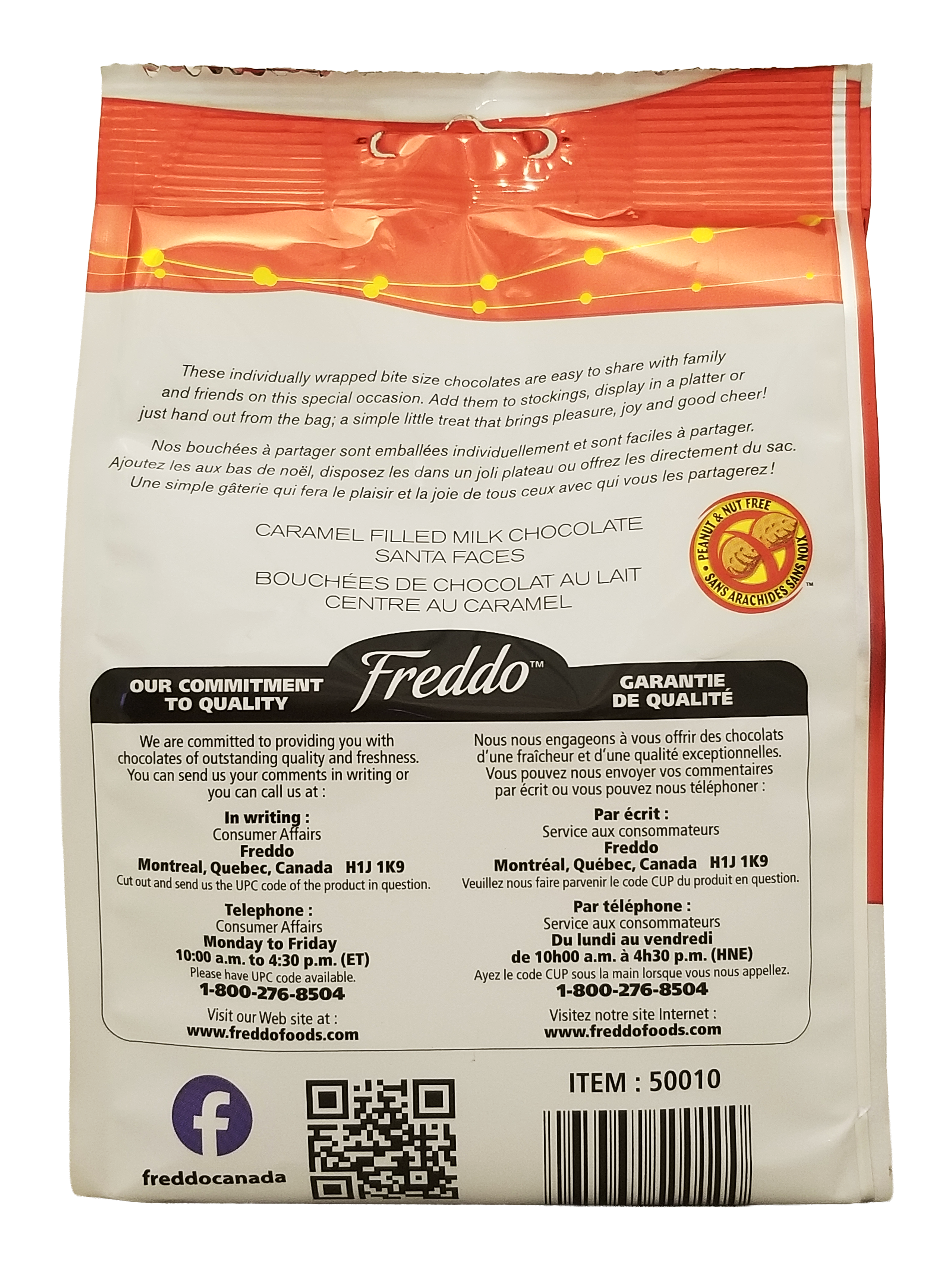 Back of Freddo Caramel Filled Milk Chocolate Santa Faces - 150g with text and branding.
