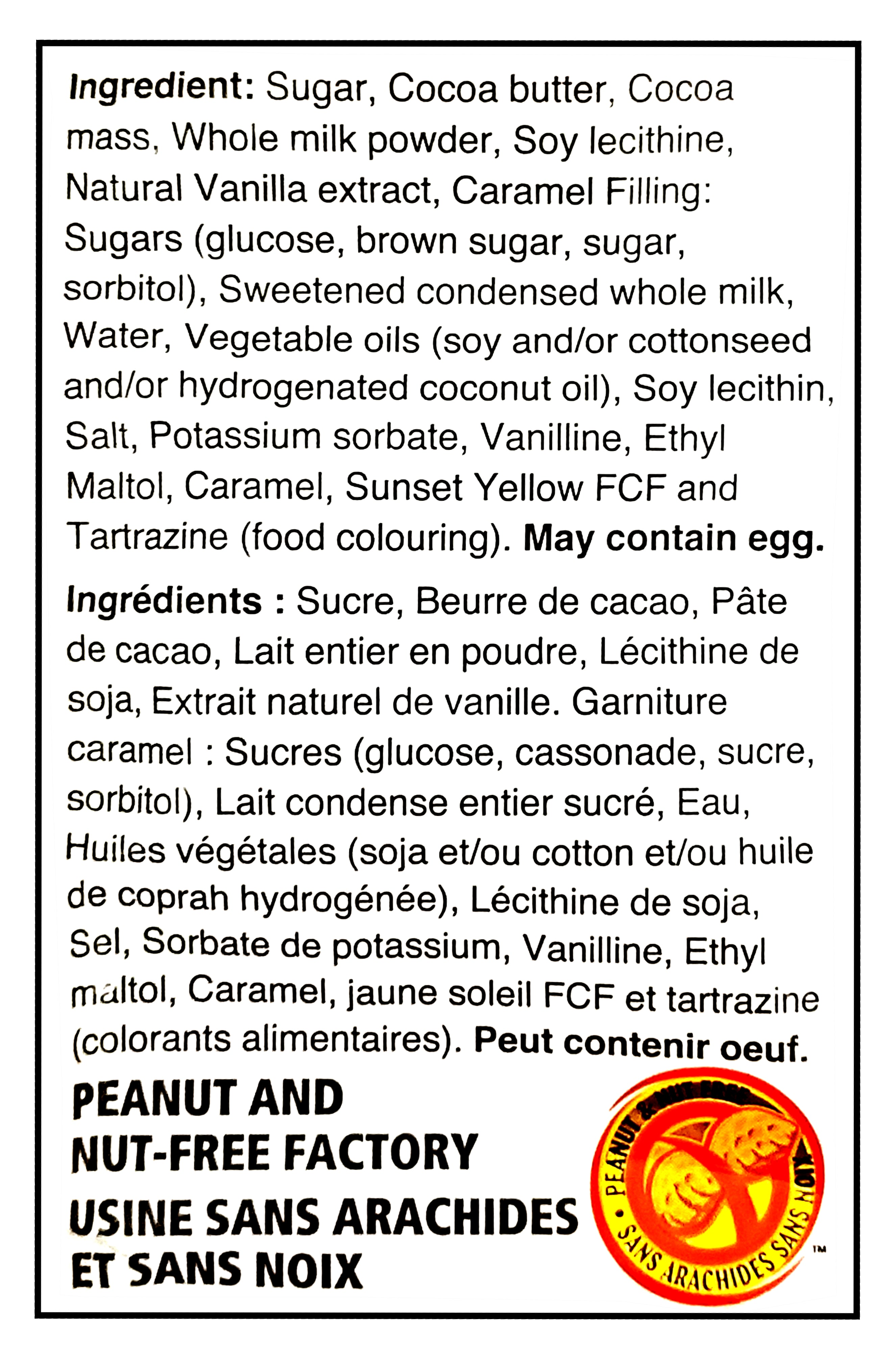 Allergen and ingredient label for Freddo Caramel Filled Milk Chocolate Santa Faces - 150g with a logo for a peanut and nut-free factory.