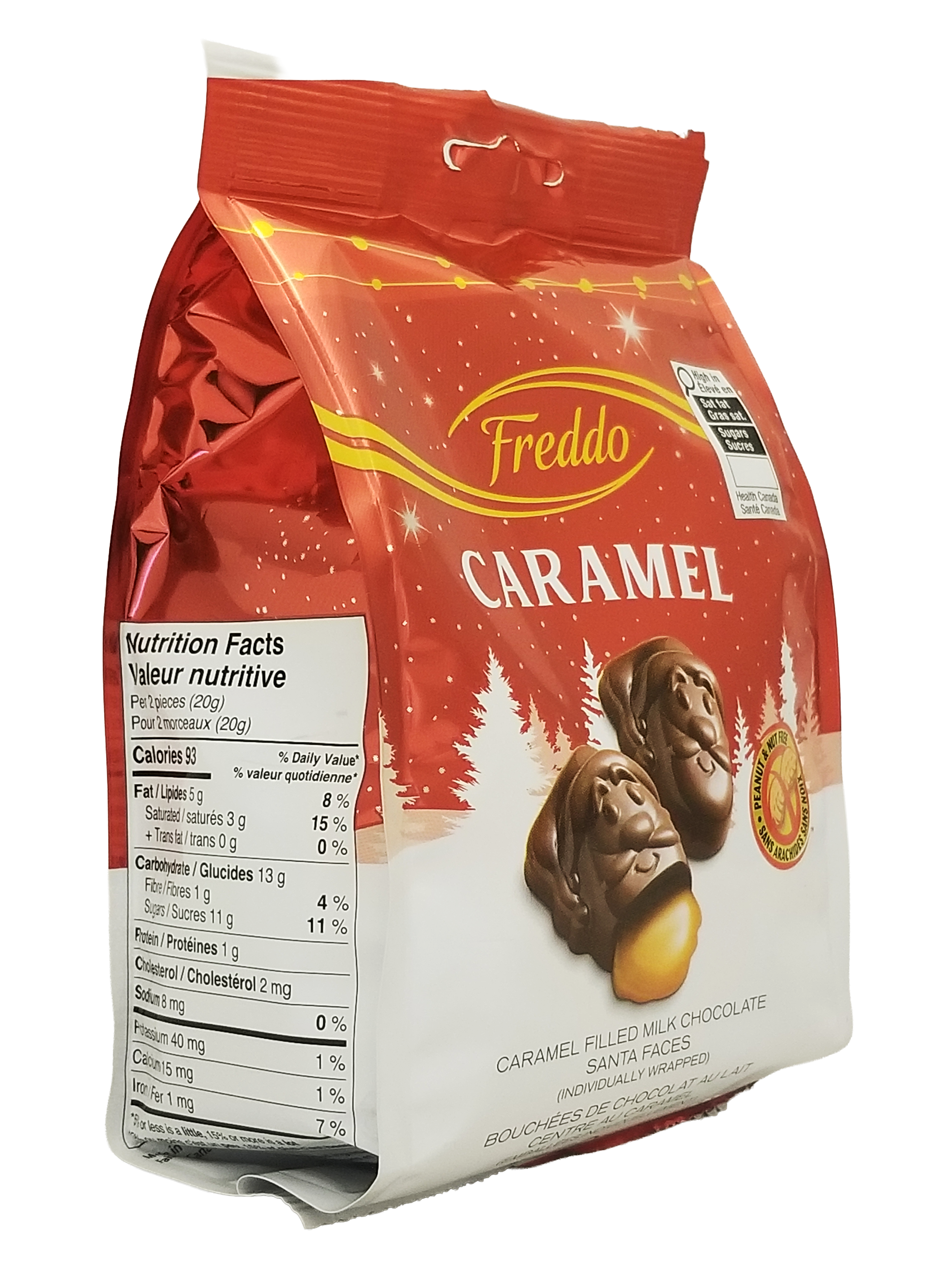 Freddo Caramel chocolate Santa faces package 150g with red and white design