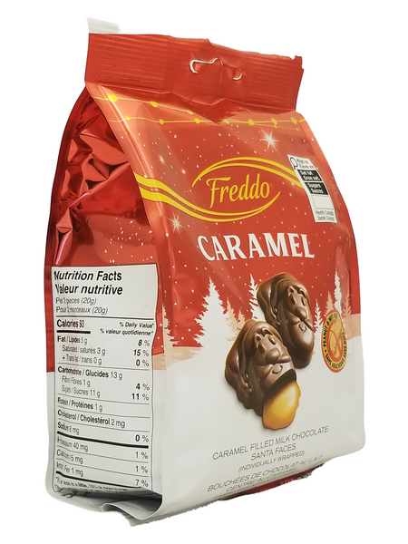 Freddo Caramel chocolate Santa faces package 150g with red and white design