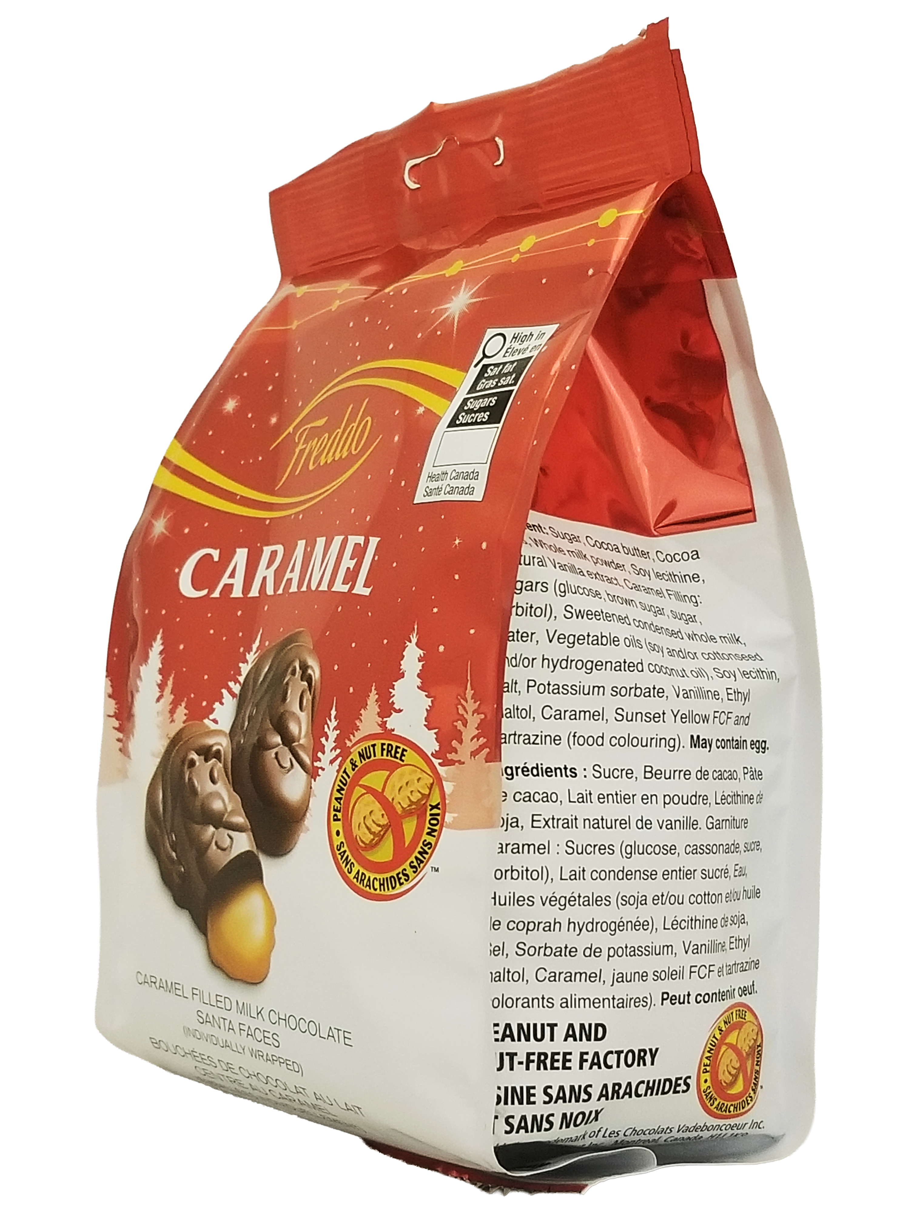 Red package of Freddo Caramel chocolate Santa faces 150g on a white background