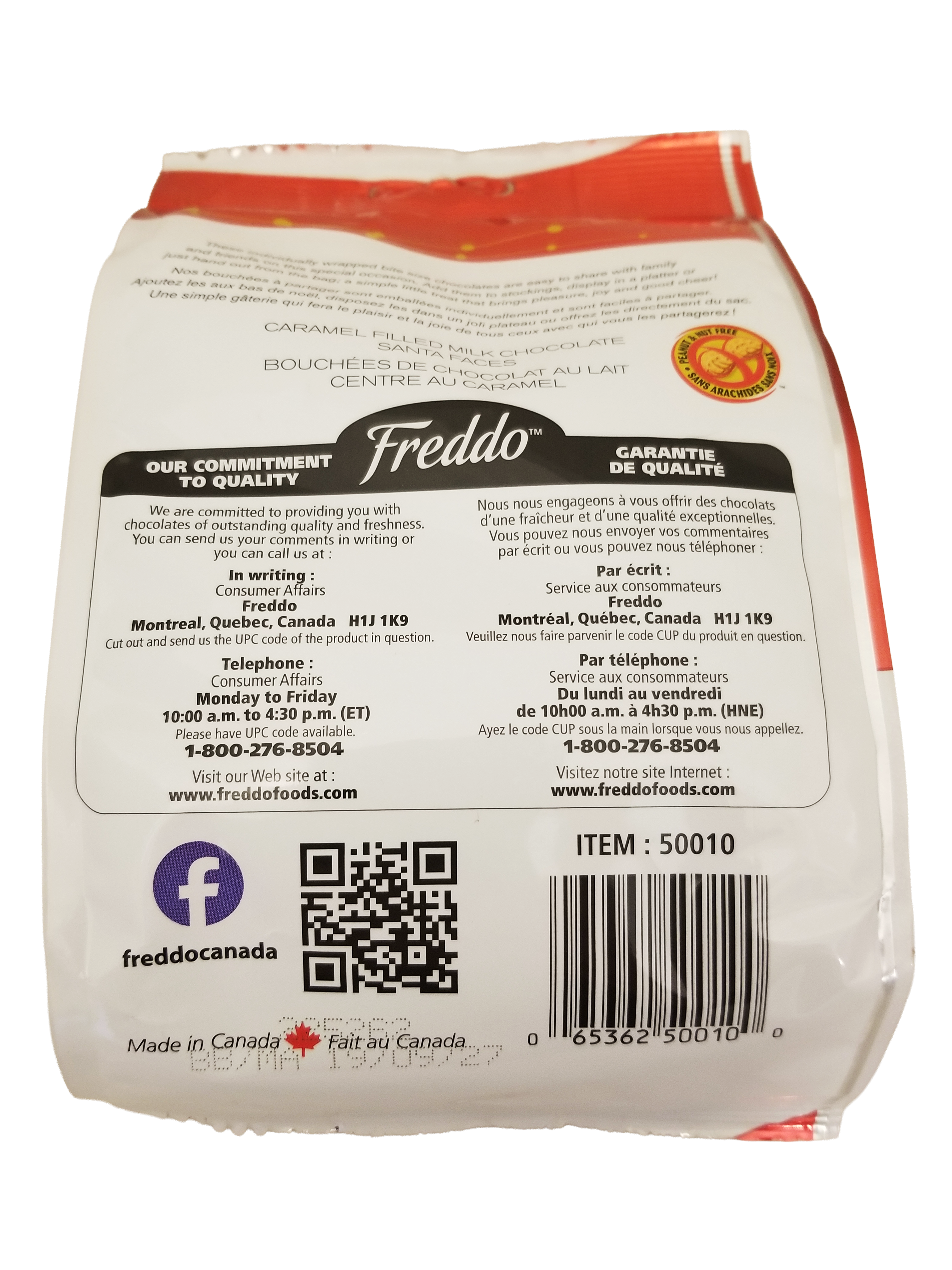 Back of Freddo Caramel Filled Milk Chocolate Santa Faces - 150g with branding and contact information.