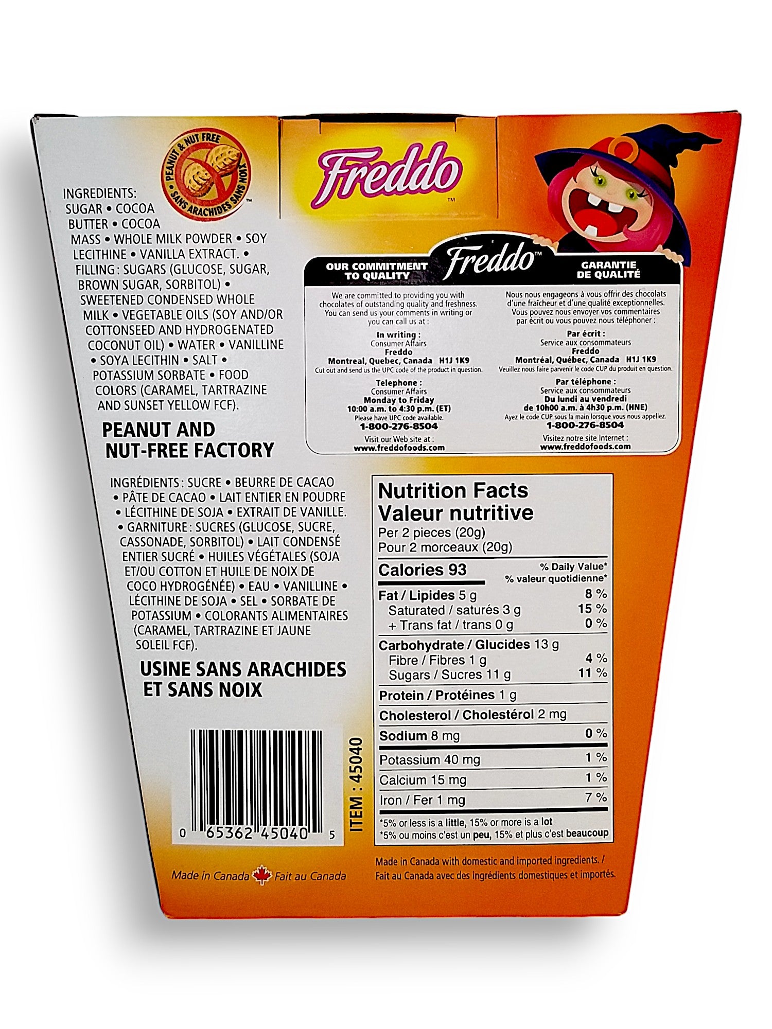 Freddo Caramel Filled Milk Chocolate Pumpkins, Individually Wrapped, 40 pcs, 240g/8.5 oz., back of box