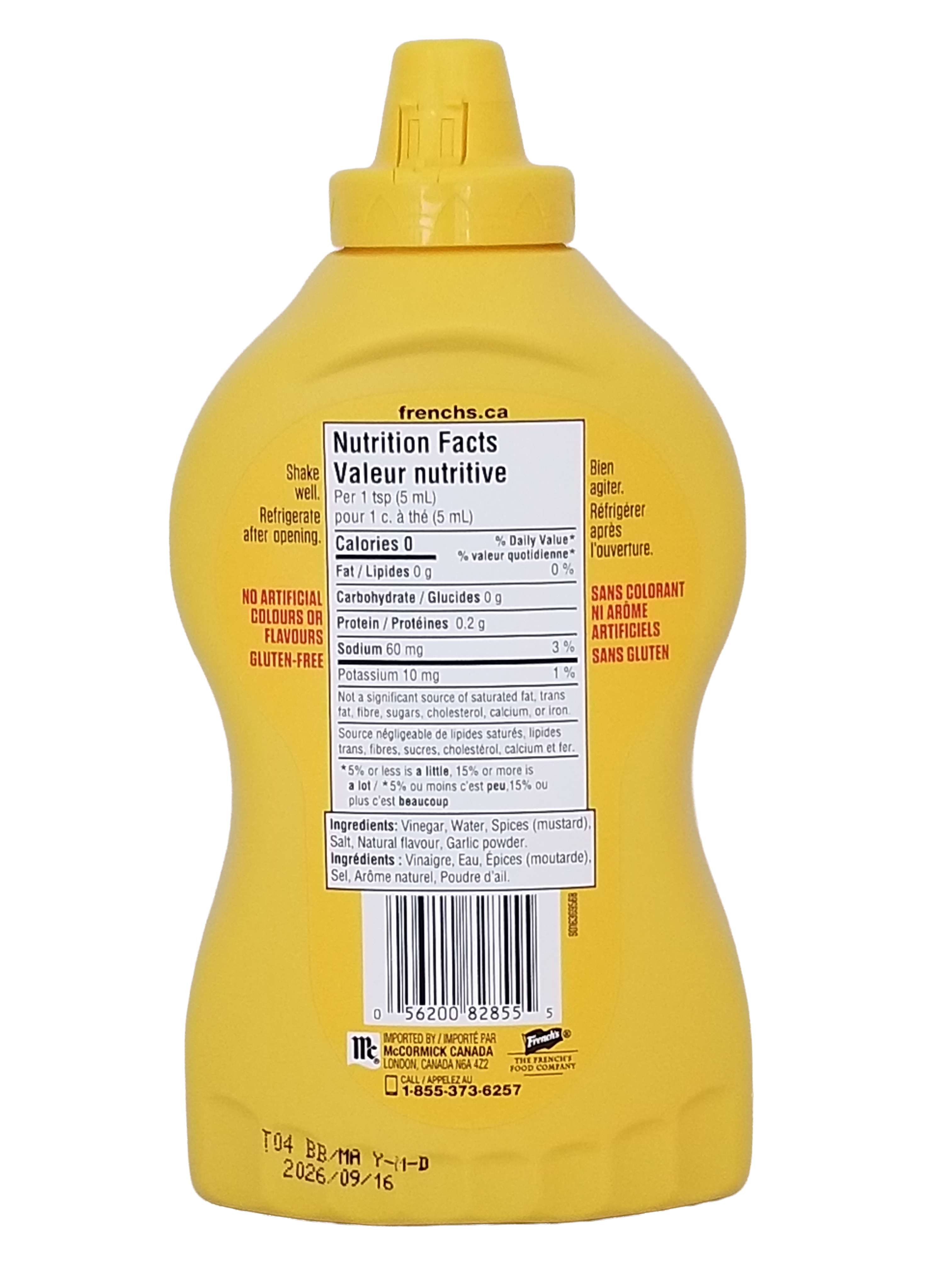 Back of French's Classic Yellow Mustard, 550ml/17.6 fl oz with nutrition facts label on a white background.
