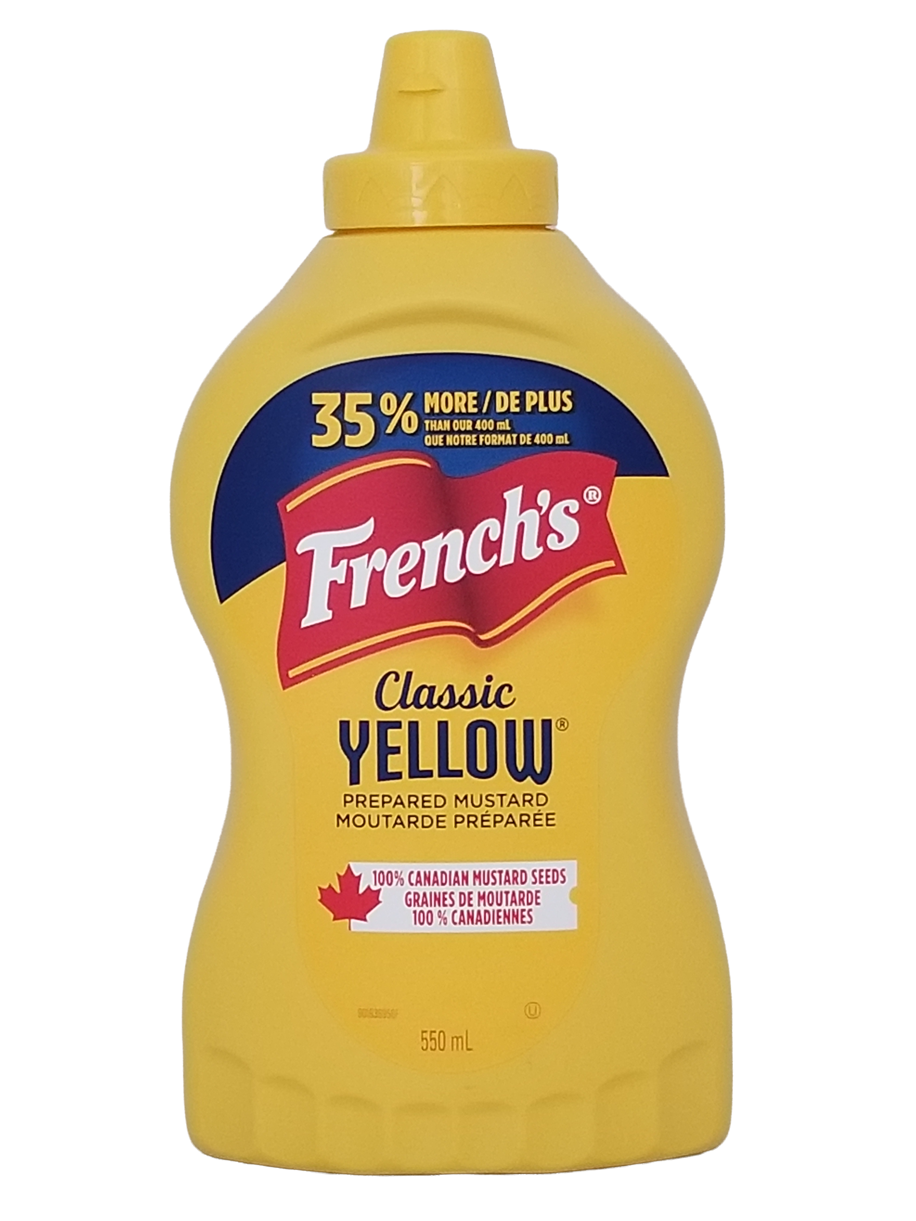 Yellow bottle of French's Classic Yellow Mustard, 550ml/17.6 fl oz on a white background.