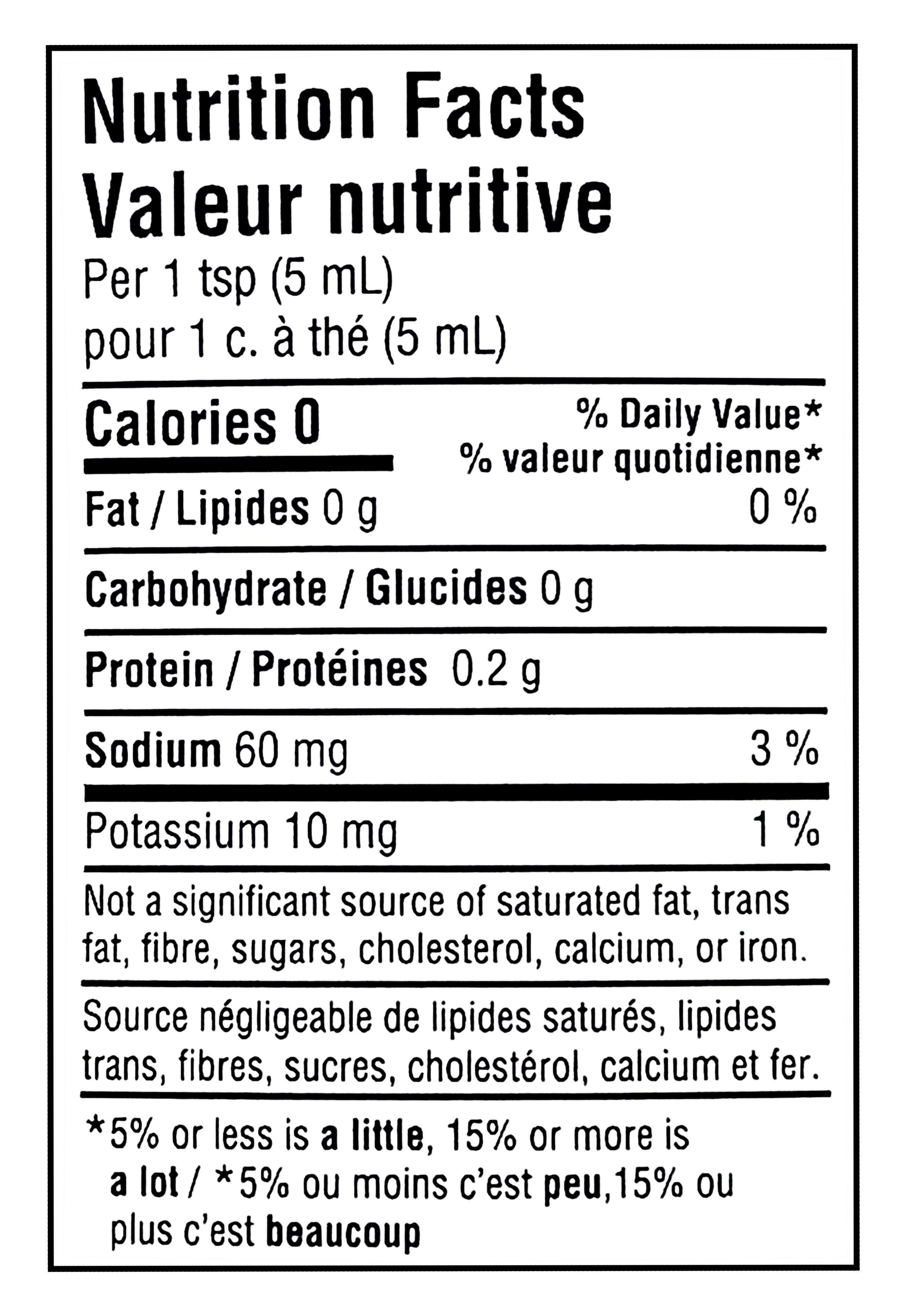 Nutrition facts label for French's Classic Yellow Mustard, 550ml/17.6 fl oz with very low calorie content per serving.