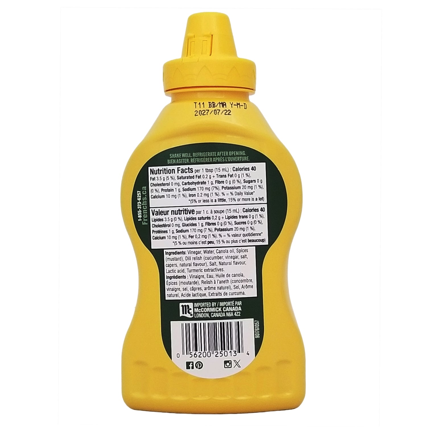 French's Dill Pickle Mustard Spread 325ml back label — Canadian product
