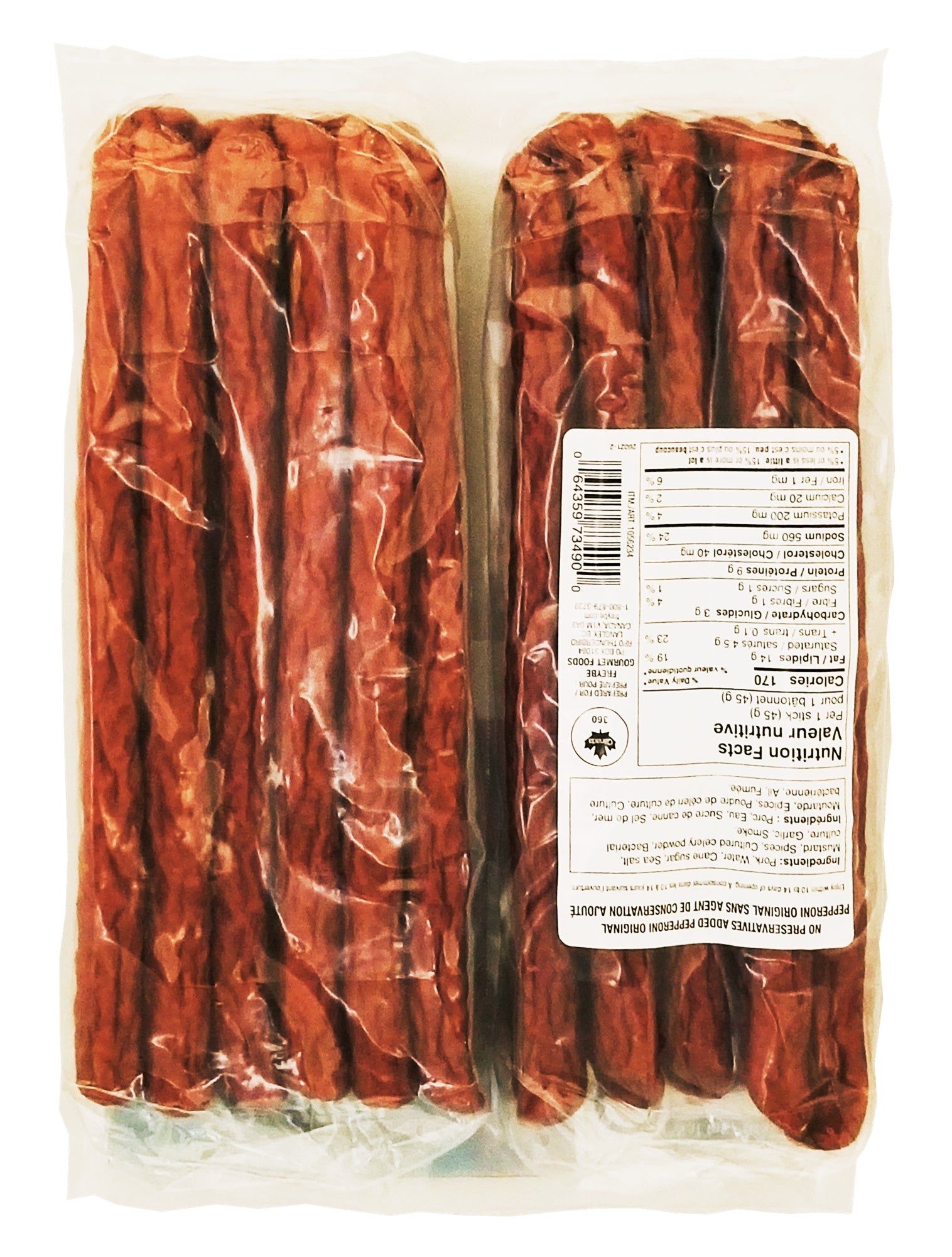 Packaged Freybe Original Pepperoni Sausage Snack, Charcuterie Meat, 2x450g - 900g with a label on a white background