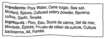 Ingredients label for Freybe Original Pepperoni Sausage Snack, Charcuterie Meat, 2x450g with a black border