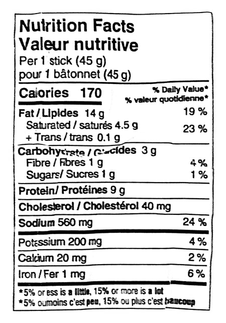 Nutrition facts label for Freybe Original Pepperoni Sausage Snack, Charcuterie Meat, 2x450g with a black border