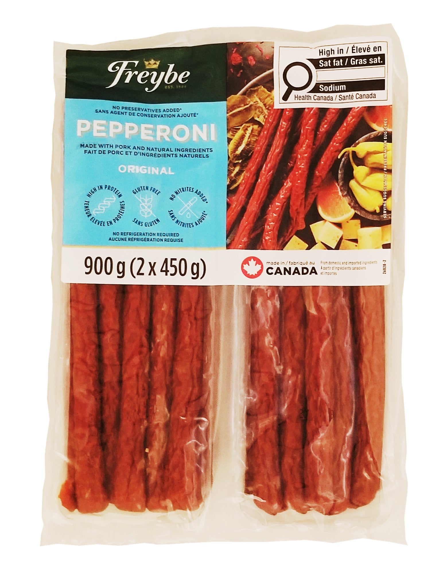 Package of Freybe Original Pepperoni Sausage Snack, Charcuterie Meat, 2x450g - 900g with branding and product details.
