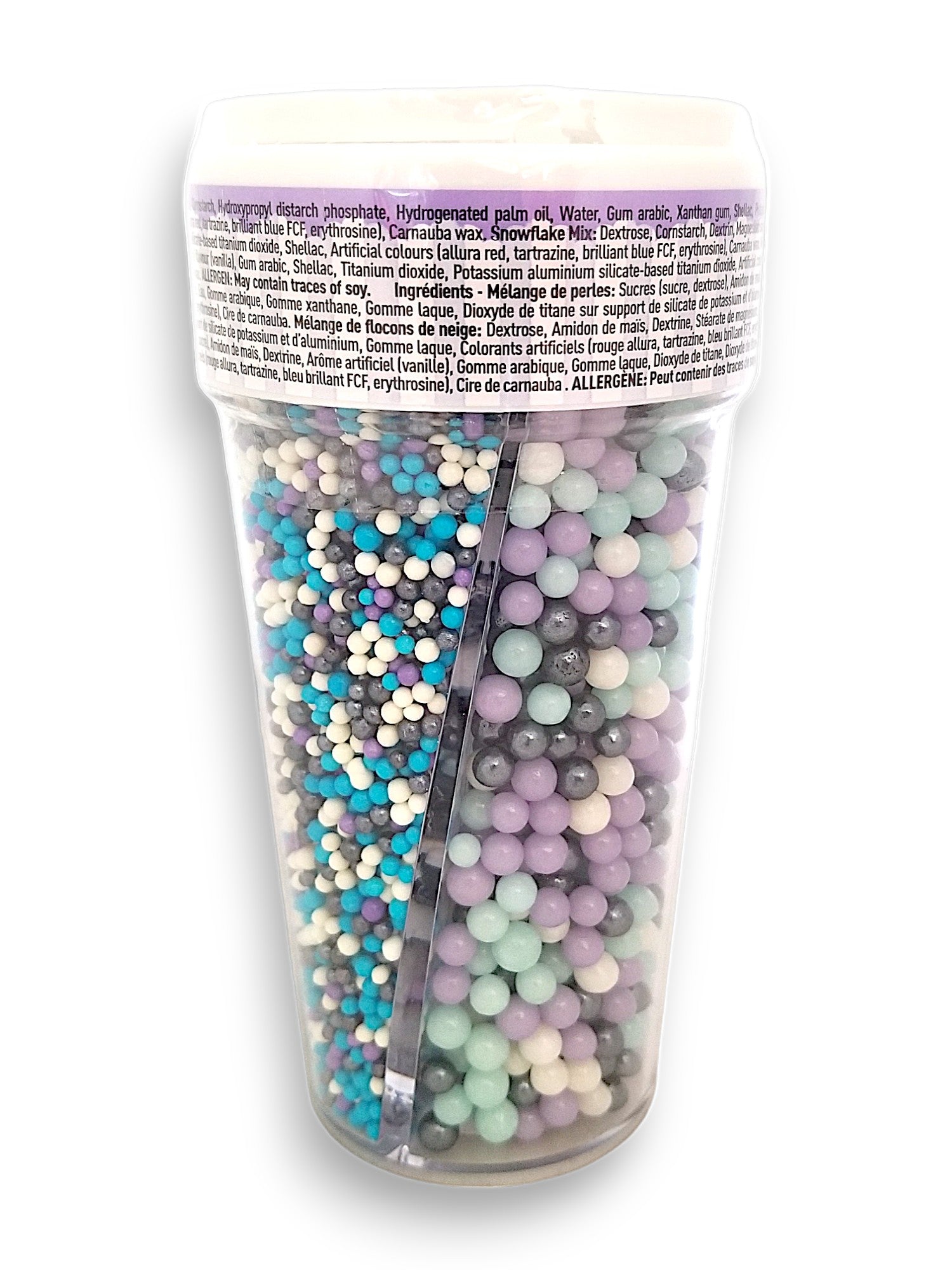 Twinkle Baker Decor Frozen Magic Sprinkle Mix, Three Cell Shaker, 140g, back of shaker.