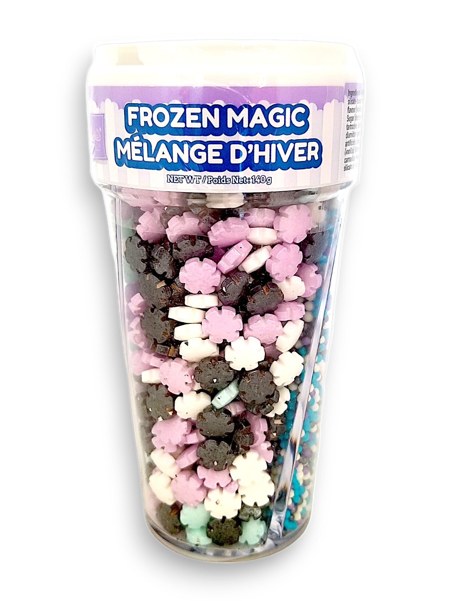 Twinkle Baker Decor Frozen Magic Sprinkle Mix, Tree Cell Shaker, 140g, front of shaker.