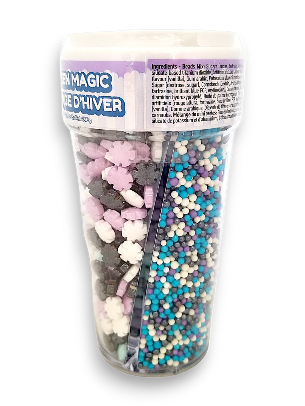 Twinkle Baker Decor Frozen Magic Sprinkle Mix, Three Cell Shaker, 140g, side of shaker.