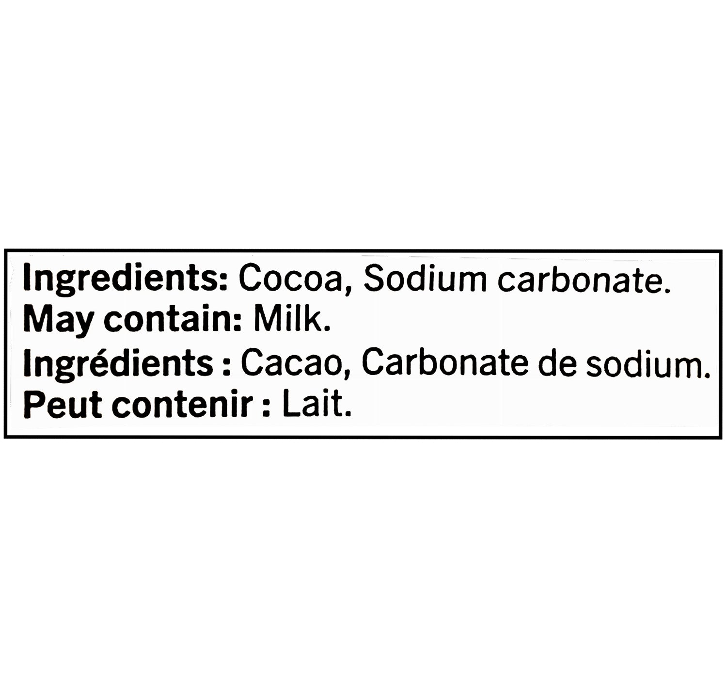 Ingredients label for Fry's Cocoa Powder 227g – gluten-free, nut-free, no artificial flavors