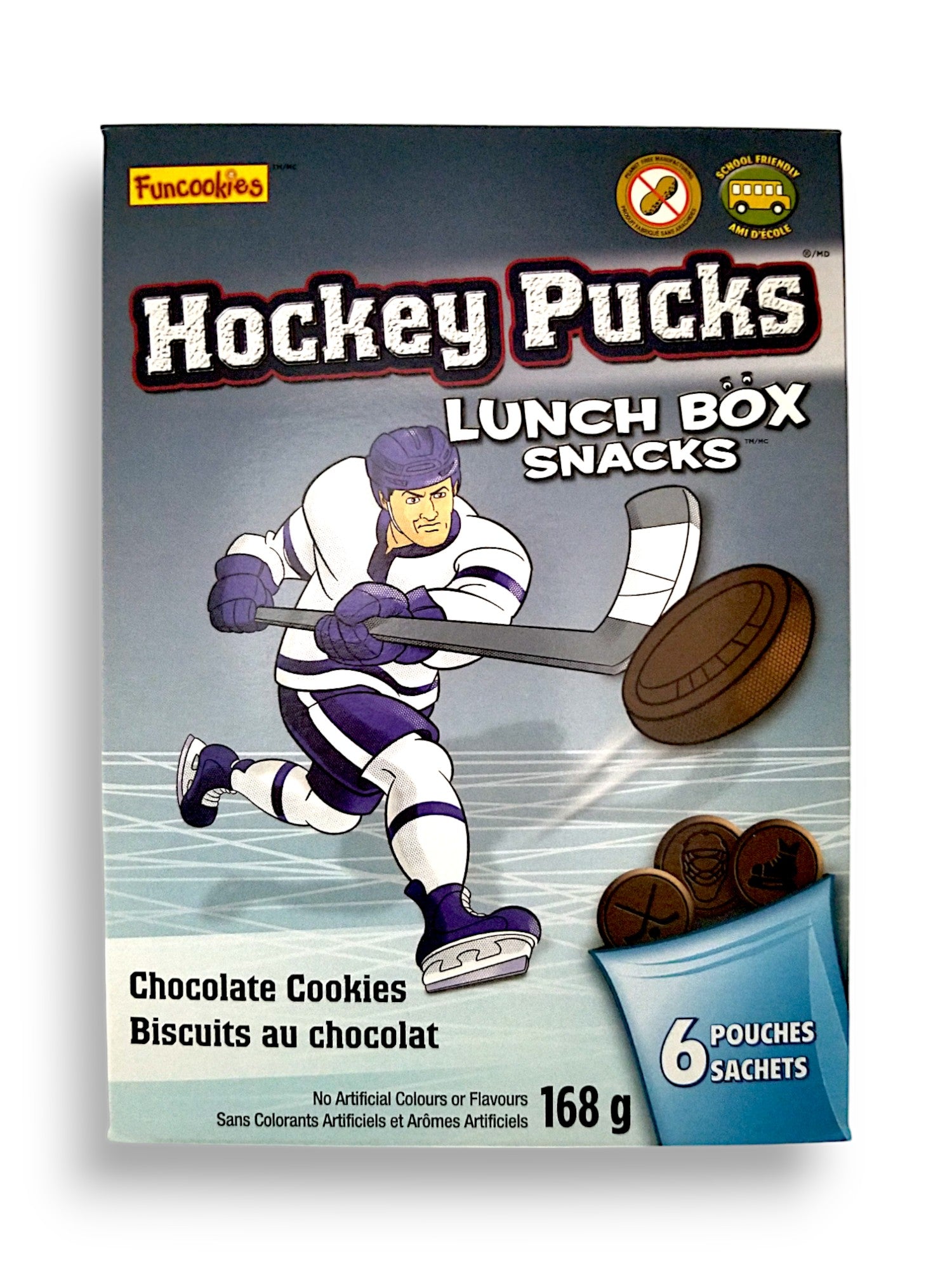 Funcookies Hockey Pucks Chocolate Cookies, Lunch Box Snacks , (6 pouches) 168g/6 oz., Box, front of box.