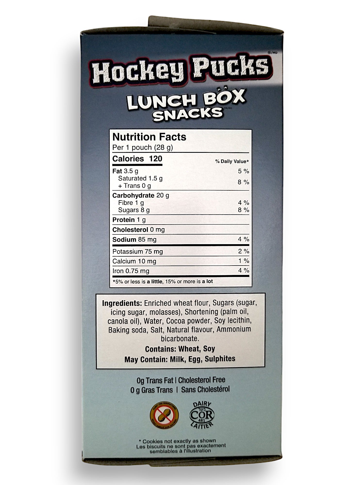 Funcookies Hockey Pucks Chocolate Cookies, Lunch Box Snacks , (6 pouches) 168g/6 oz., Box, side of box.