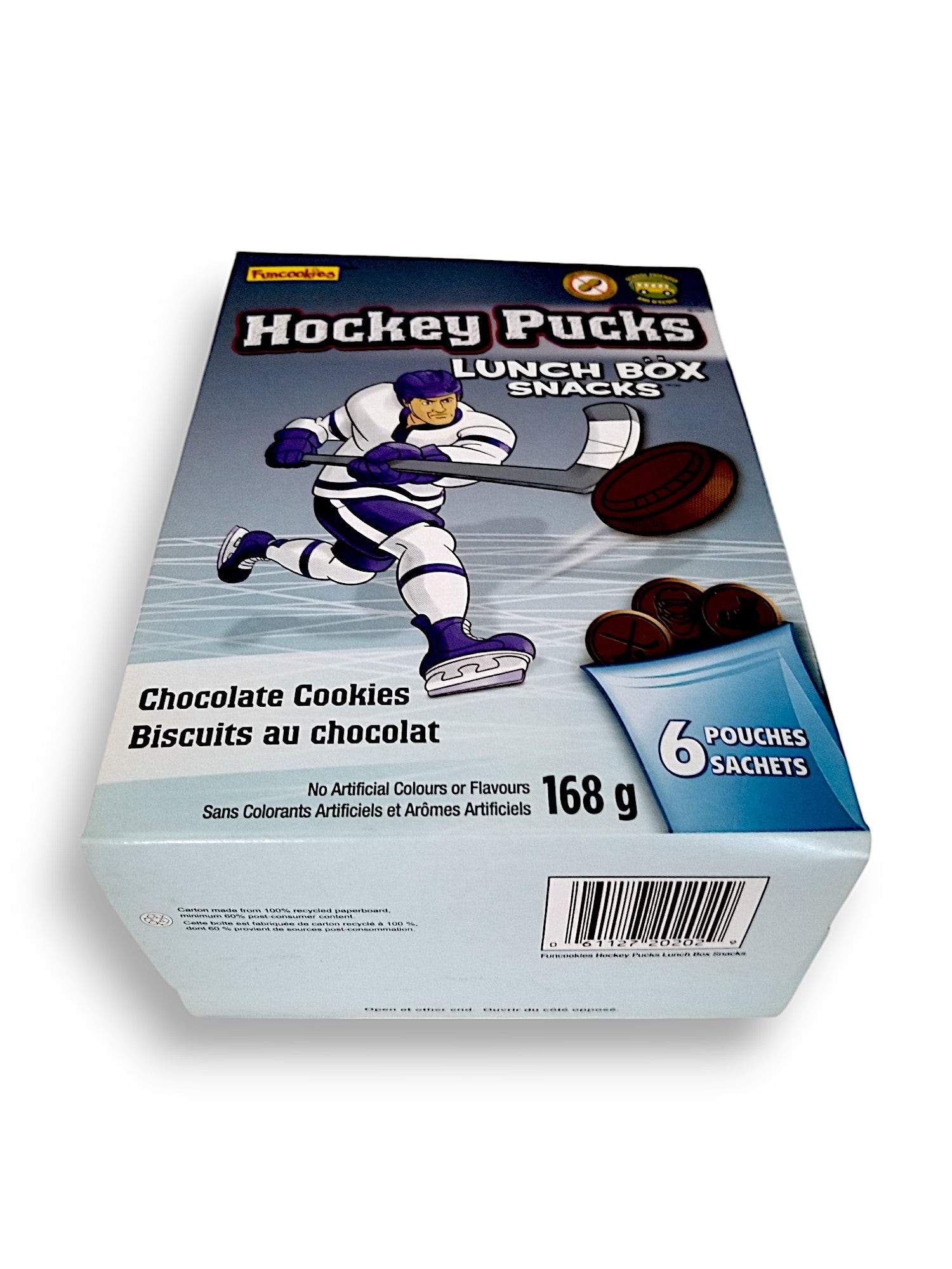 Funcookies Hockey Pucks Chocolate Cookies, Lunch Box Snacks , (6 pouches) 168g/6 oz., Box, bottom of box.