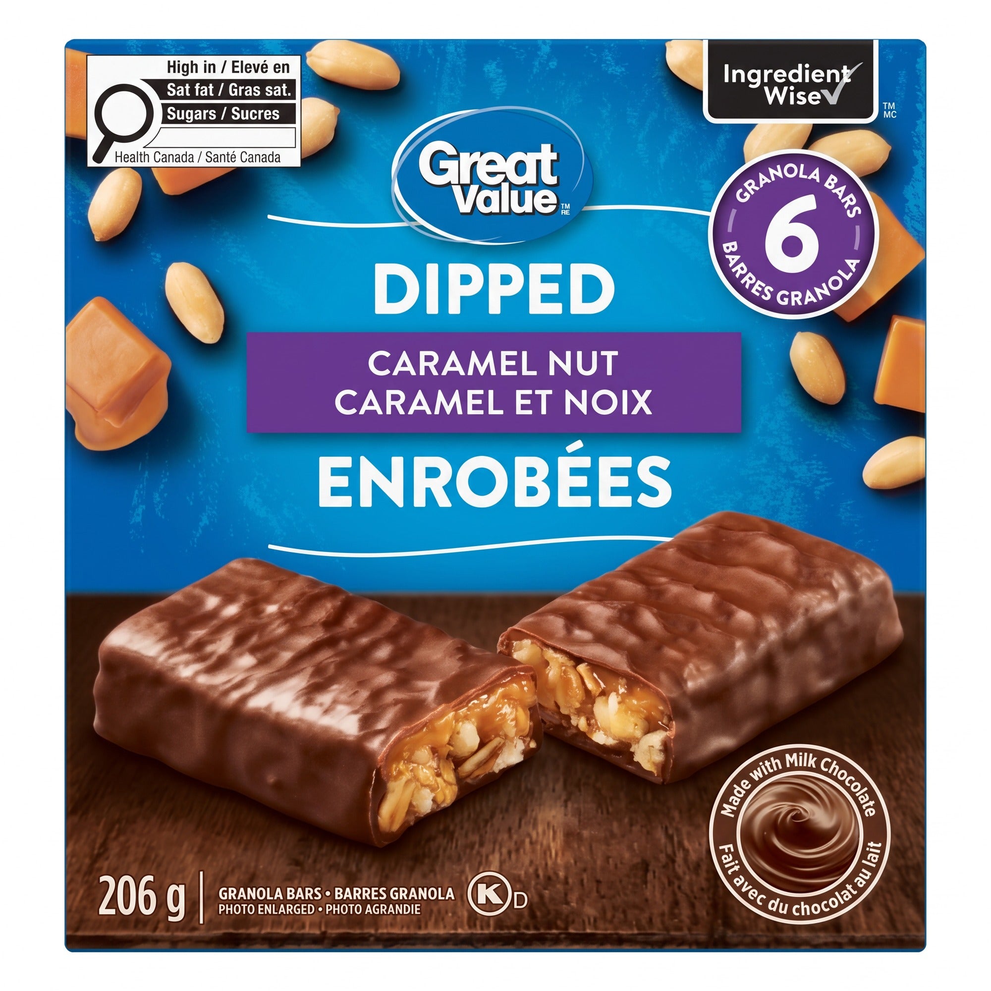 Great Value Dipped Caramel Nut Granola Bars, 6 Bars – 206g (7.2 oz)