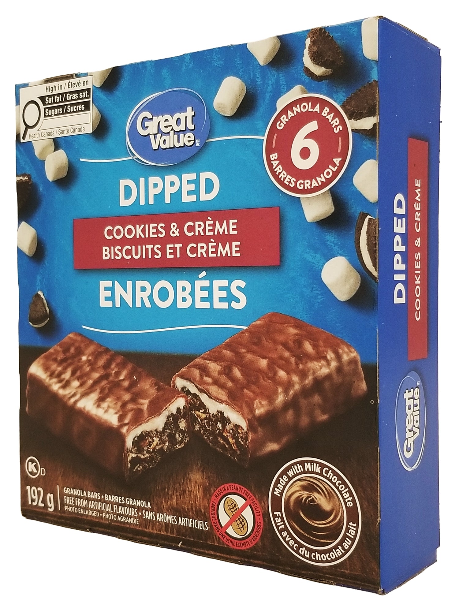 Great Value Dipped Cookies & Crème Granola Bars packaging with blue and brown design