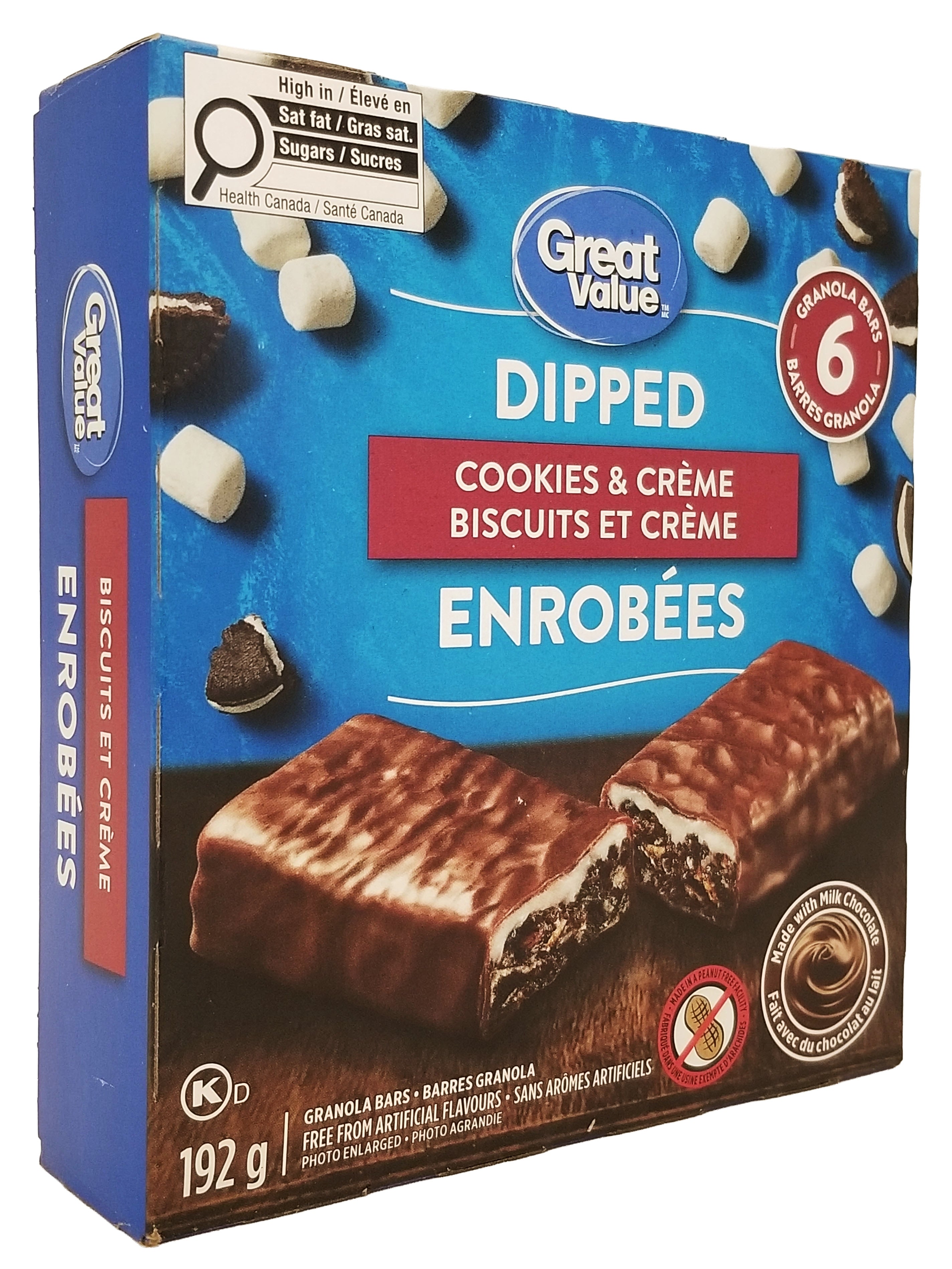 Box of Great Value Dipped Cookies & Crème Granola Bars with blue and brown design