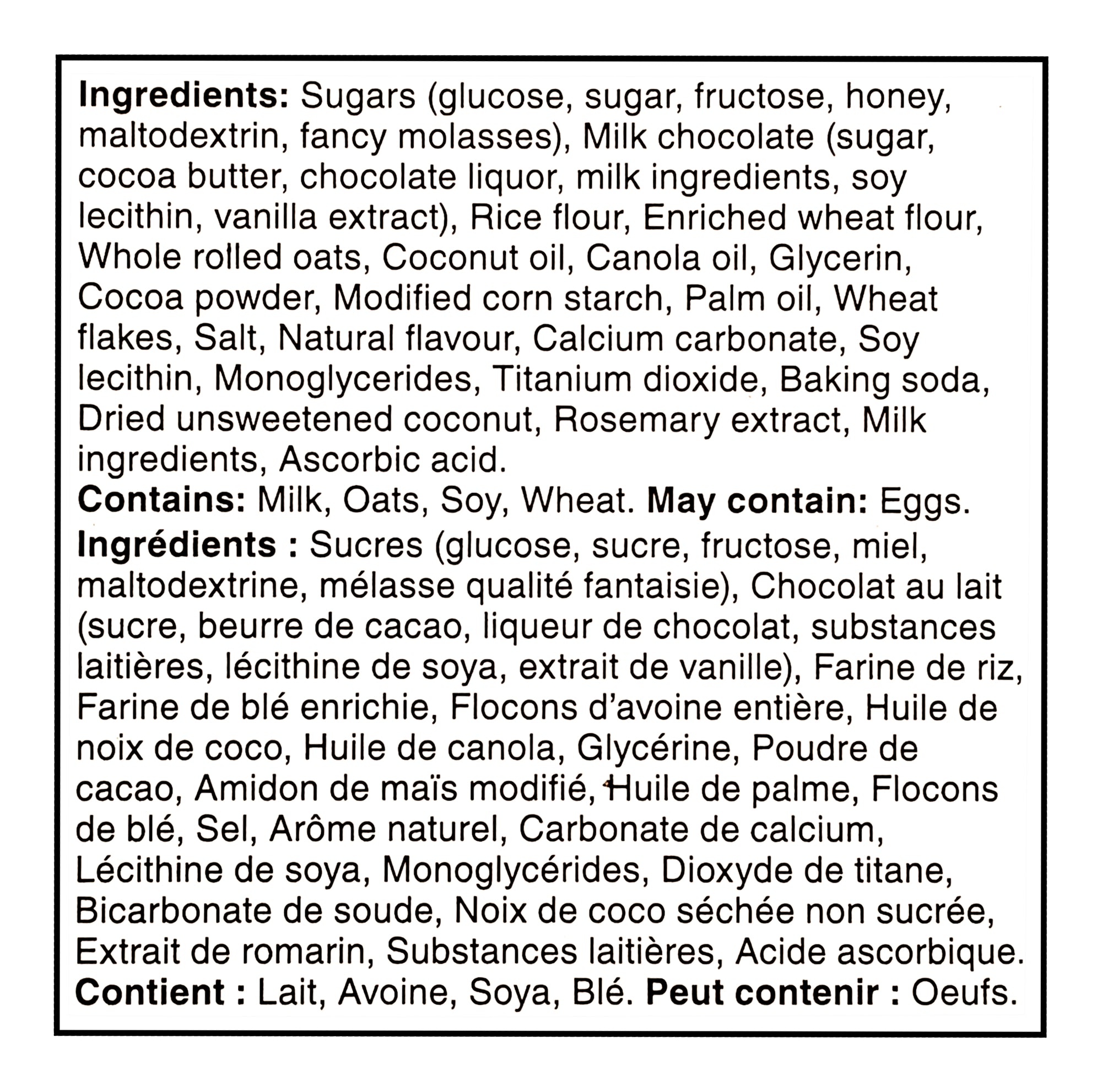 Detailed list of ingredients for Great Value Dipped Cookies & Creme Granola Bars with allergen warnings on a black background