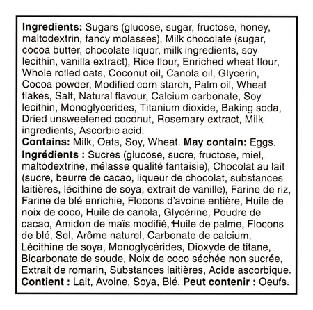 Detailed list of ingredients for Great Value Dipped Cookies & Creme Granola Bars with allergen warnings on a black background