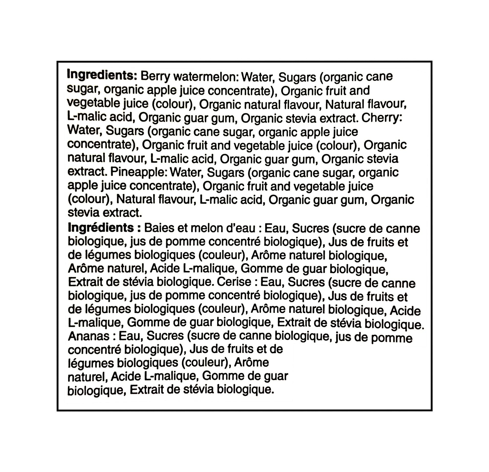 Great Value Organic Fruit Ice Pops 12-Pack ingredients list certified organic