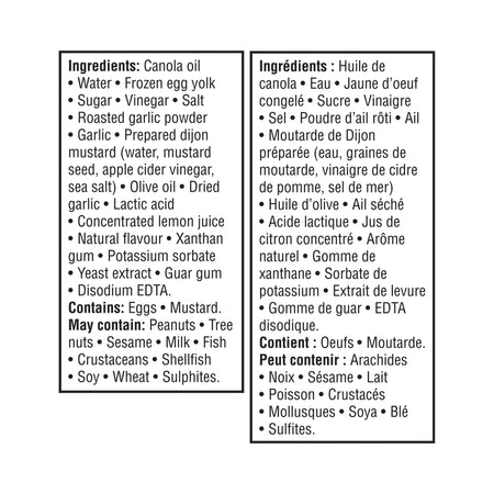 Ingredients list for Great Value Roasted Garlic Mayo Spread 300ml in English and French on a white background
