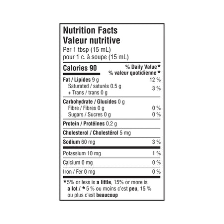 Nutrition facts label for Great Value Roasted Garlic Mayo Spread 300ml on a white background