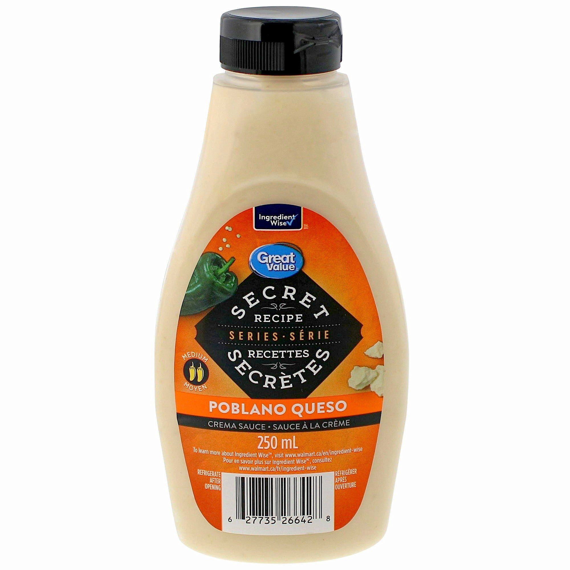 Great Value Secret Recipe Poblano Queso Crema Sauce, 250ml/8.5 fl oz