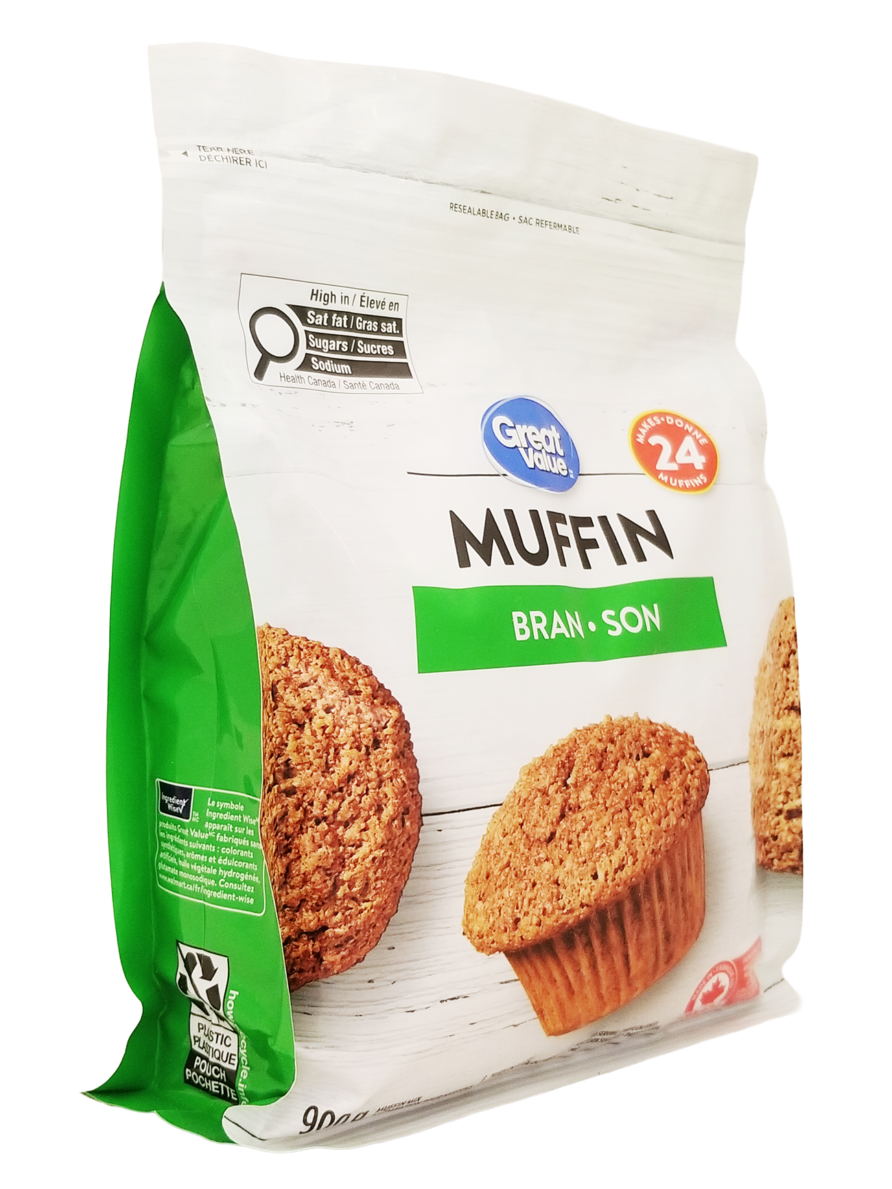 Side of Great Value Bran Muffin Mix, Makes 24 Muffins - 900g package on a white background