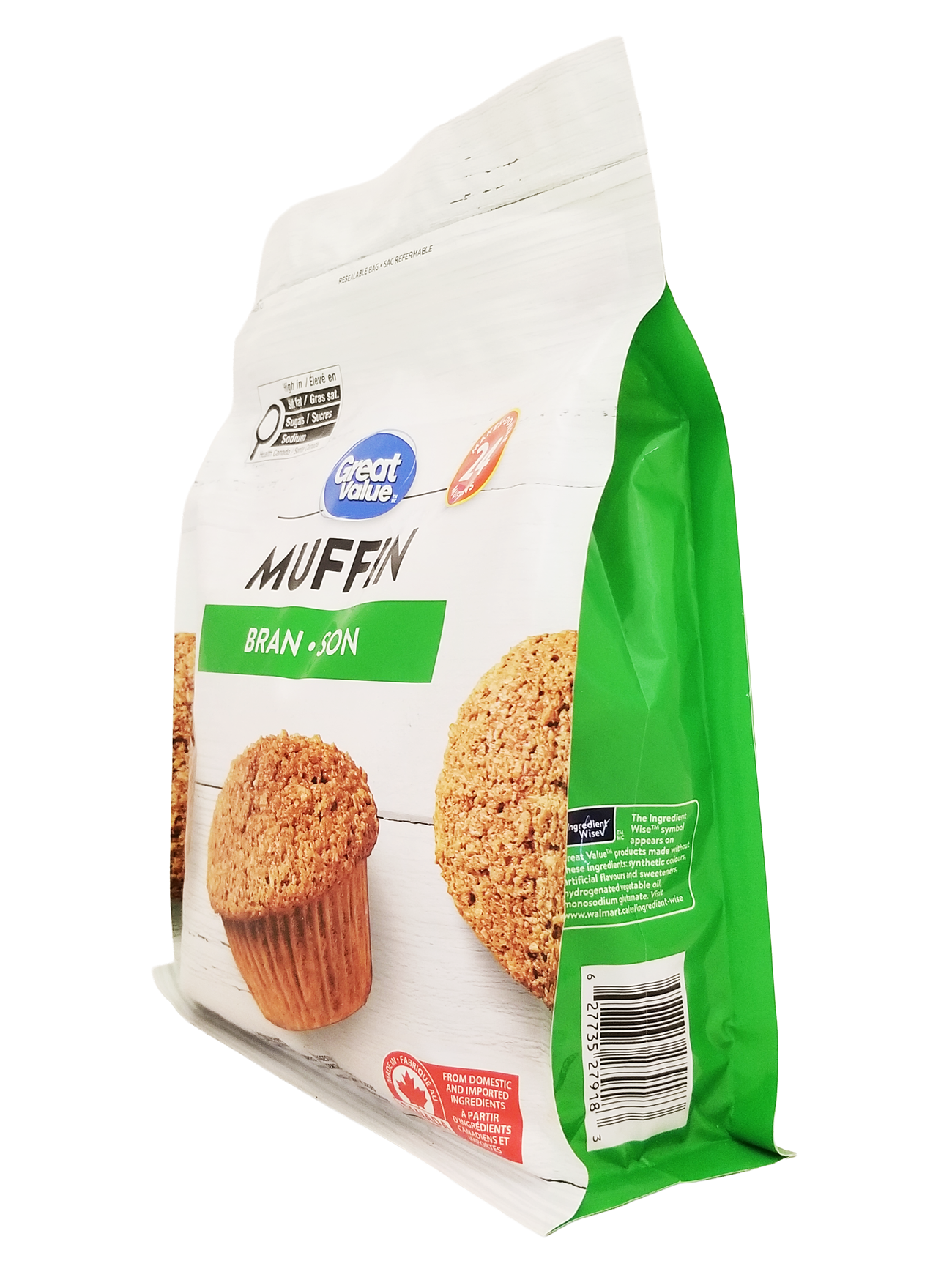 Side view of a Great Value Bran Muffin Mix, Makes 24 Muffins - 900g package on a white background