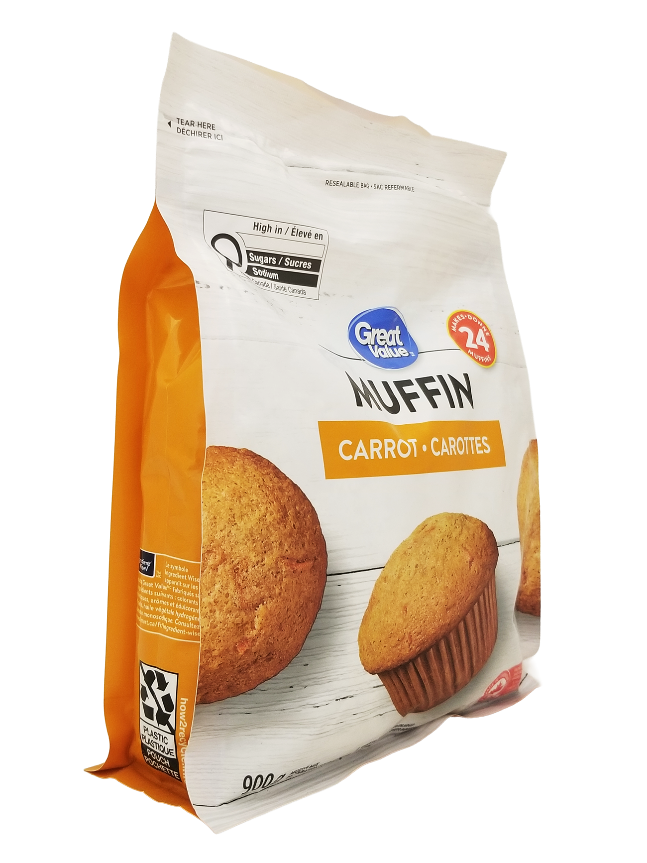 Side of a Great Value Carrot Muffin Mix, Makes 24 Muffins - 900g package on a white background