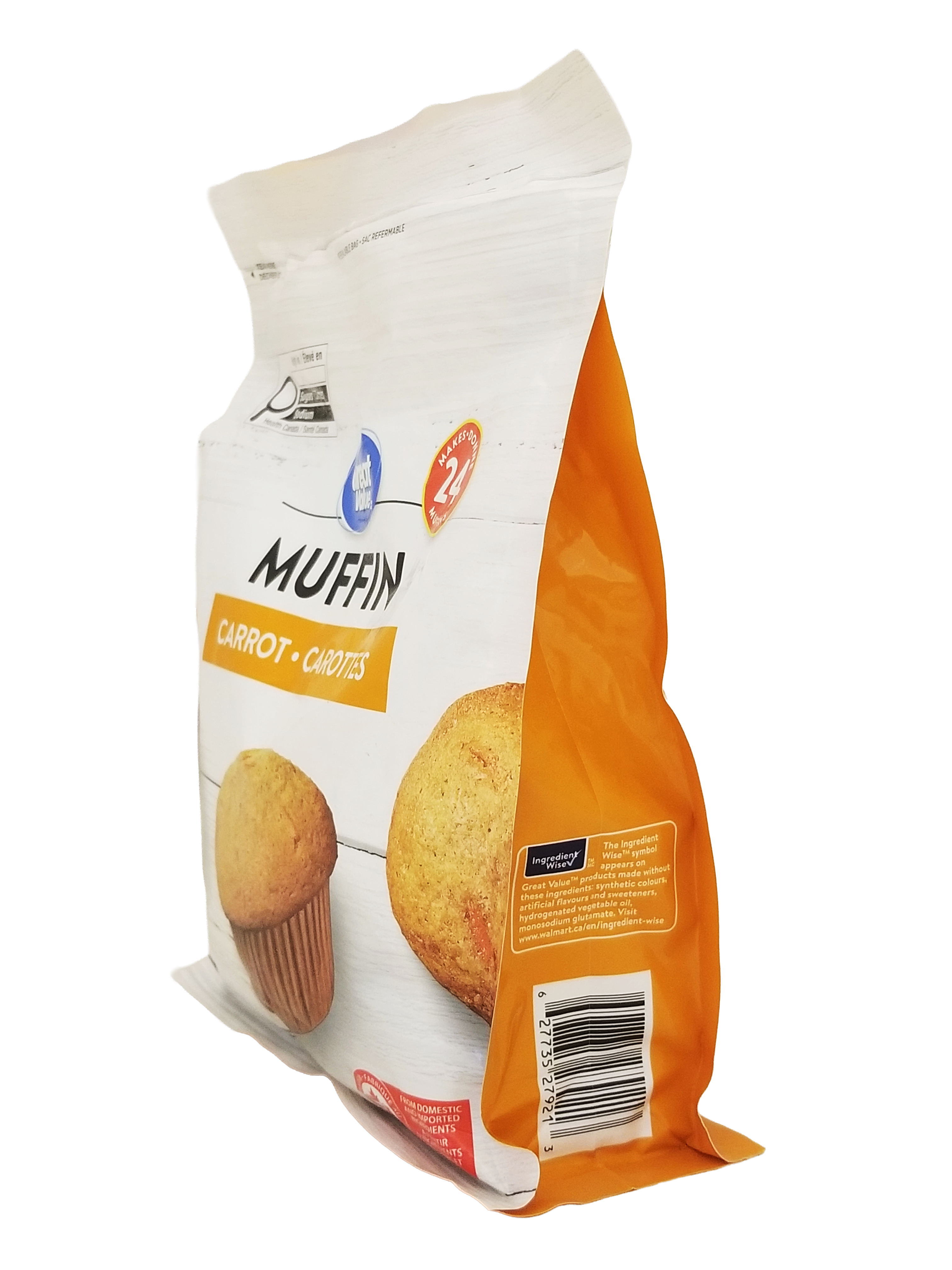 side of Great Value Carrot Muffin Mix, Makes 24 Muffins - 900g on a white background