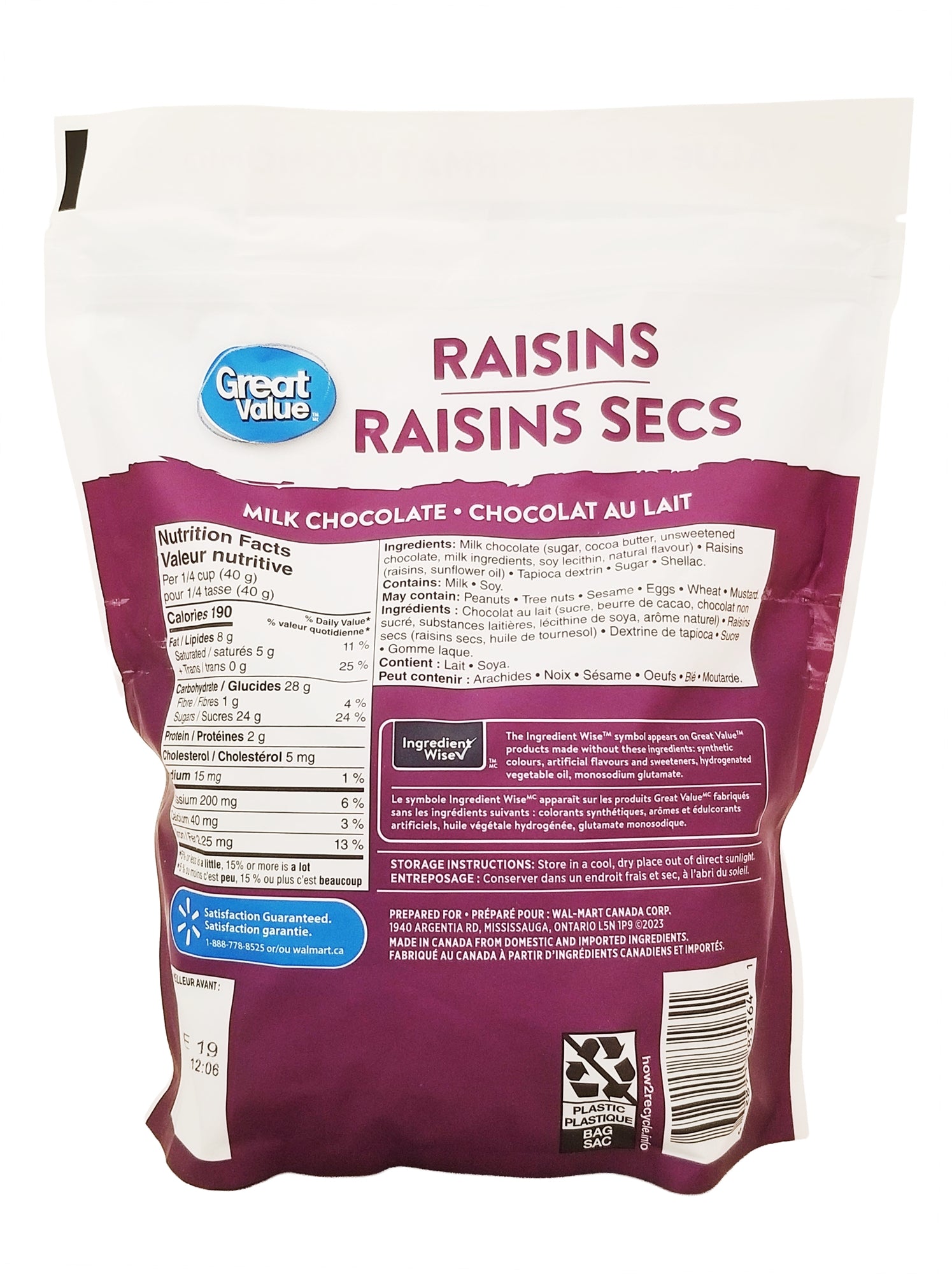 Back view of a Great Value brand milk chocolate raisins, 908g package with nutrition label and ingredients list.
